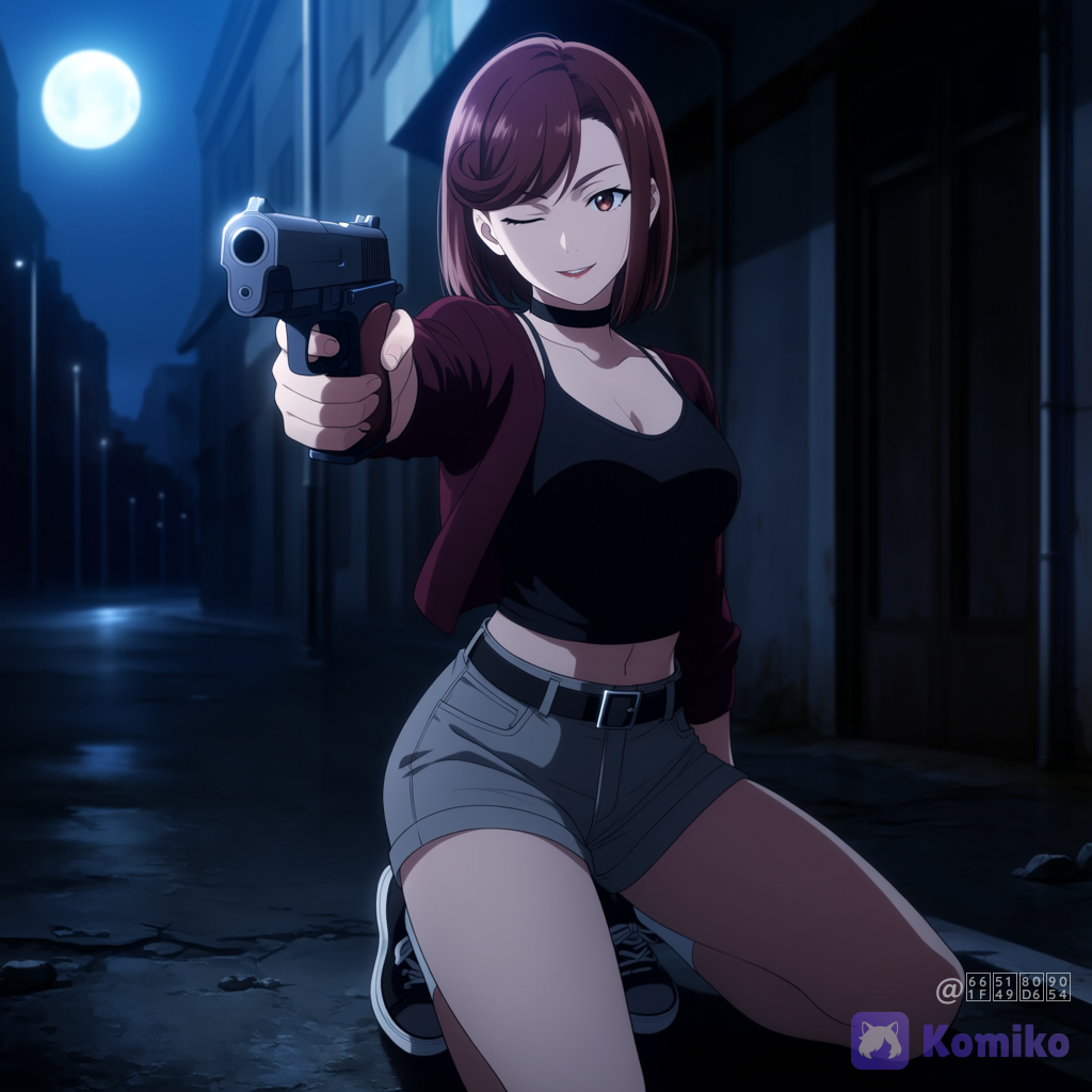 【角色核心】
成年女性，直髮（顏色：#882211），髮質偏硬，瞳孔顏色：#882211，成熟身材，高挑身材，修長雙腿，健康體態
【臉部】
橢圓臉，小巧鼻樑，柔和下巴，眼睛略大略圓但比例自然，細長柳葉眉，自然紅唇，精緻五官，寫實動漫比例，眼尾上揚
【髮型】
額前頭髮自然聚集成左、右、中間三部分，左右部分較長、尾端稍微往臉頰卷，短髮，頭髮緊貼頭部曲線
【飾品】
脖子上戴著黑色皮革護頸、銀色扣環
【上身】
黑色寬吊帶背心，長度到腹部上段黑色寬肩帶背心，長度到腹部上段
【外衣】
長袖外套（顏色：#882211），袖子捲起到手肘位置
【裙褲】
灰色牛仔短褲
【腰部】
黑色細皮帶
【鞋襪】
白短襪，黑色運動鞋
【姿勢】
半跪姿勢，右手握著格洛克g45，左手扶著做瞄準動作，槍口對著觀眾，閉著一隻眼睛瞄準
【表情】
自信的微笑，看著觀眾，稍微張開嘴巴
【能力特效】
【背景】夜晚，髒亂的街道，壞掉的路燈，滿月，柔和月光，景深 【光線】
不充足的環境光，寫實的陰影，cinematic lighting, soft bloom, volumetric lighting, soft highlights
【品質】
ultra ultra-HD 8K anime illustration