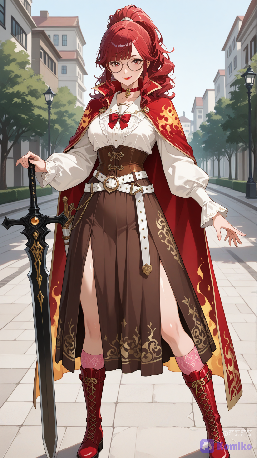 【角色核心】成年女性，卷髮（顏色：紅色），髮質偏硬，瞳孔顏色：紅褐色，成熟體型，高挑身材，修長雙腿，健康體態
【臉部】橢圓臉，小巧鼻樑，柔和下巴，眼睛大而圓，細長柳葉眉，自然紅唇，精緻五官，寫實動漫比例
【髮型】厚重齊瀏海，瀏海高高梳起，其餘頭髮往後綁成高馬尾，馬尾高高梳起、頭髮長度到背部中段
【飾品】脖子上戴著20公分寬的紅色半透明頸圈、銀色扣環，頸圈上有金色火焰花紋，臉上帶著褐色粗框眼鏡，150公分長、30公分寬的巨刀，刀背是黑色的，刀背上有金色火焰花紋
【上身】白色長袖薄襯衫，領口有紅色蝴蝶結
【外衣】肩披紅色披風，披風有金色火焰花紋，披風上有黑色書法字「毘」字
【腰部】褐色束腰，白色繫帶
【裙褲】咖啡色A-line裙
【鞋襪】粉紅色過膝襪，襪上有黑色火焰形線條紋路，紅底金火焰花紋皮靴
【姿勢】略偏的視角，雙腳分開站直，雄壯威武的站姿，右手舉起握著巨刀，巨刀斜斜放在右肩膀上，左手自然垂落，轉頭看向觀眾
【表情】清澈的目光，開朗的笑容
【能力特效】
【背景】公園，樹木，人行道，遠處的建築，遠處的公共泳池，
柔和日光，
景深
【光線】充足的環境光，寫實的陰影，shiny hair, cinematic lighting, soft bloom, volumetric lighting, soft highlights
【品質】ultra ultra-HD 8K anime illustration