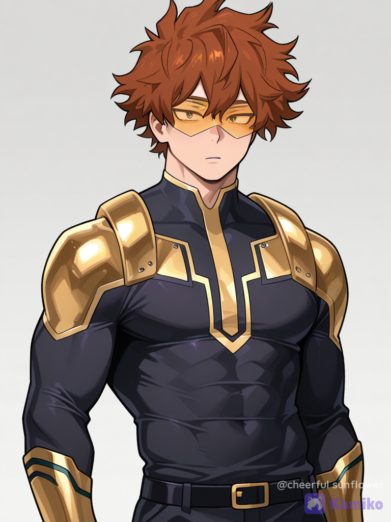 Appearance * Hair: Auburn, naturally thick, usually kept neat.
* Eyes: Metallic gold.
* Build: Athletic and well-conditioned from hero training.
* Style: Practical and neat. He prefers clothes that are comfortable and functional rather than fashionable.
* Usually wears glasses when studying, despite having excellent vision.
* His hero costume incorporates a specialized visor that helps regulate and redirect his Quirk.
Male My hero academia oc Reiji
