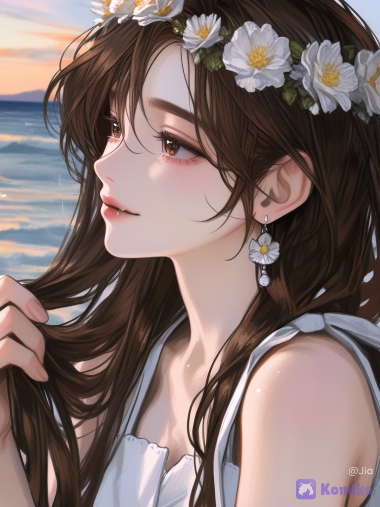 [semi-realistic-portrait-style], 1girl, holding hair, smile, summer dress, flower crown, earrings brown loose curls, barefoot, side profile photo, golden hour, ocean, brown eyes