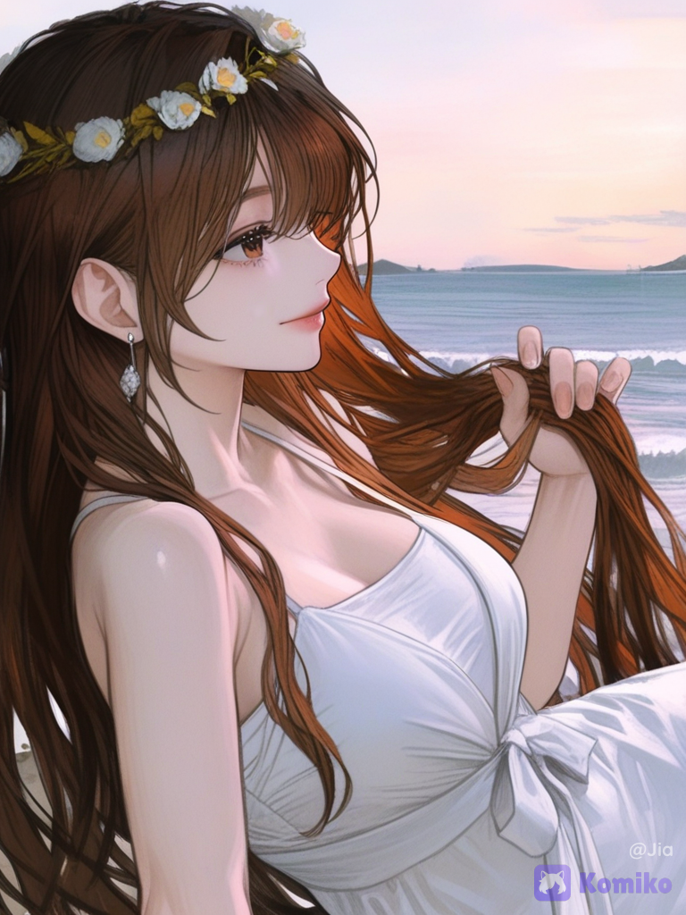 [semi-realistic-portrait-style], 1girl, holding hair, smile, summer dress, flower crown, earrings brown loose curls, barefoot, side profile photo, golden hour, ocean, brown eyes, curvy body