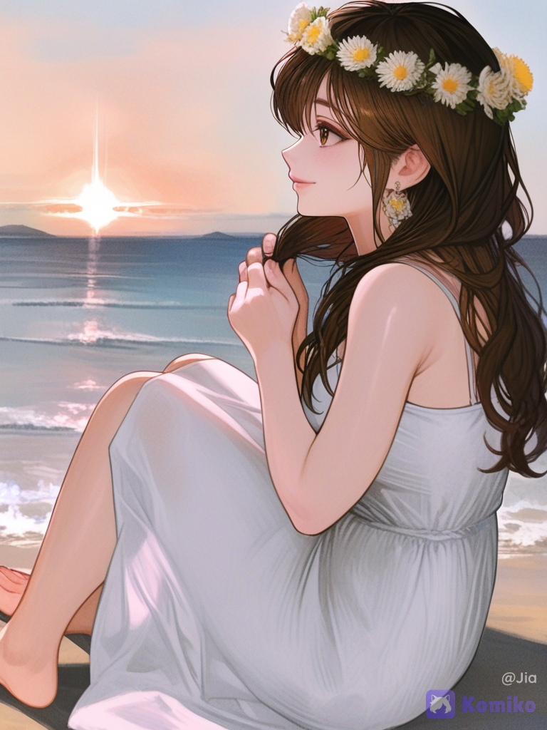 [semi-realistic-portrait-style], 1girl, holding hair, smile, summer dress, flower crown, earrings brown loose curls, barefoot, side profile photo, golden hour, ocean, brown eyes, chubby body