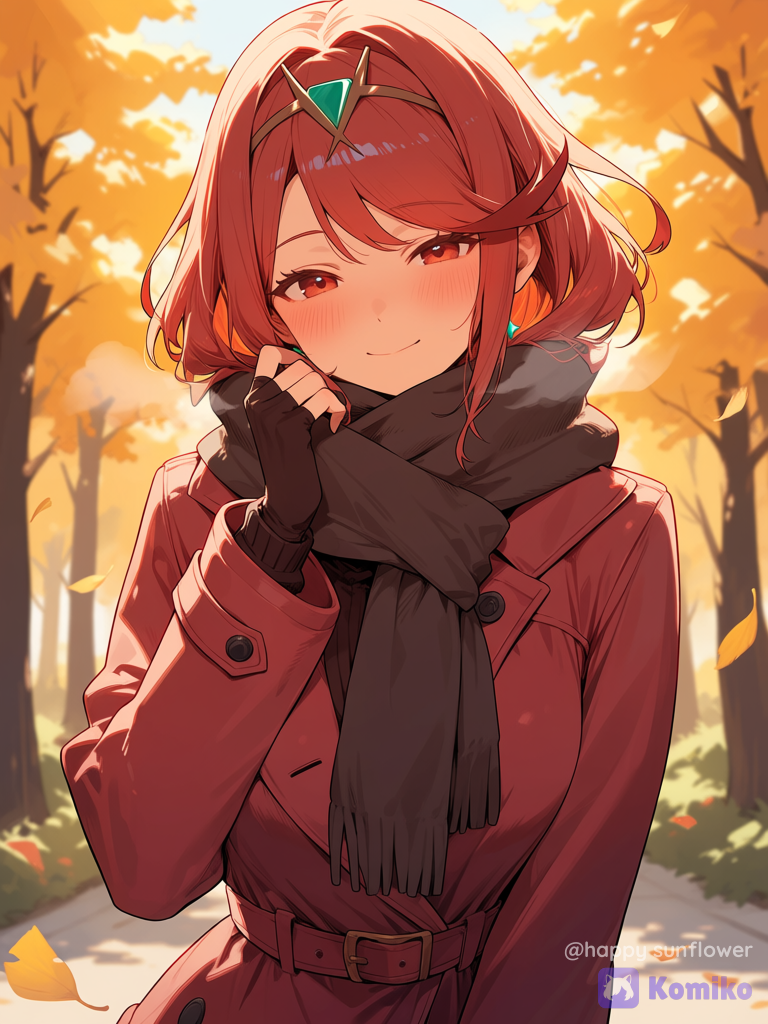 pyra (xenoblade), garnet coat, autumn leaves, scarf, fingerless gloves, cheek blush
