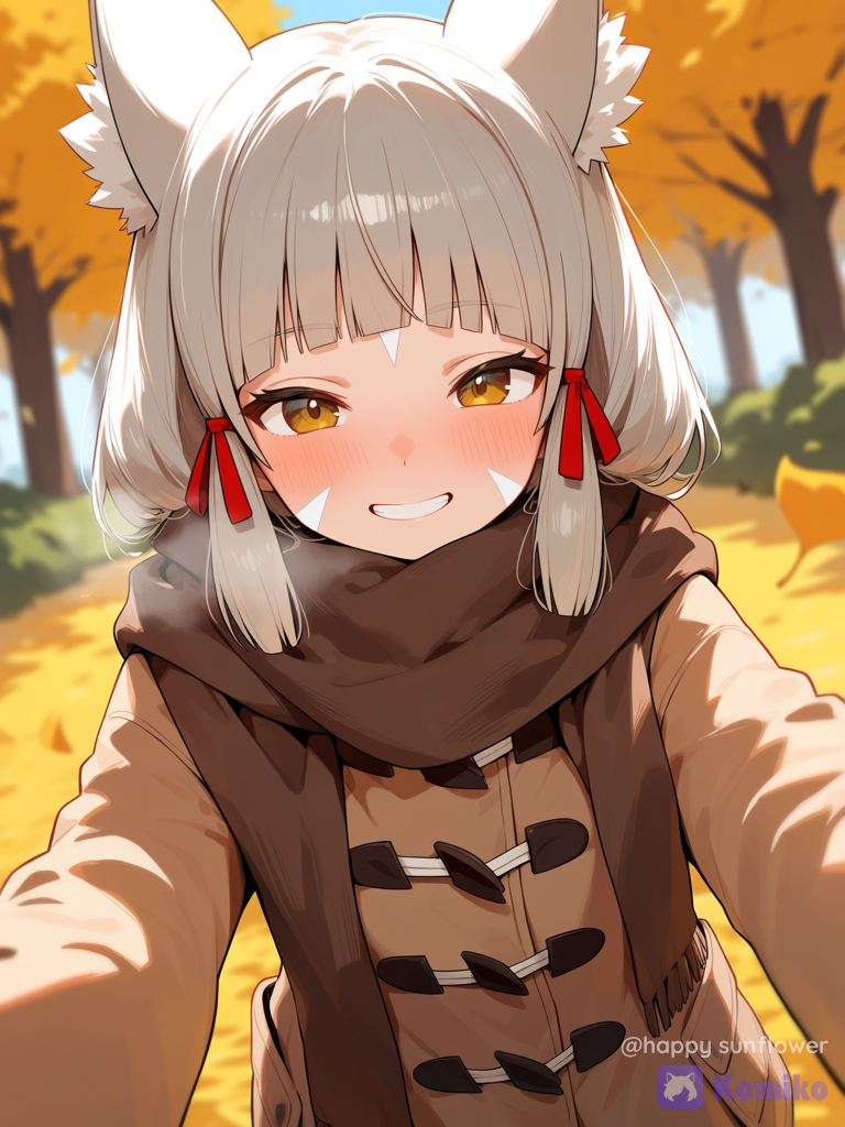 Nia (xenoblade), brown coat, autumn leaves, brown scarf, cheek blush, smile