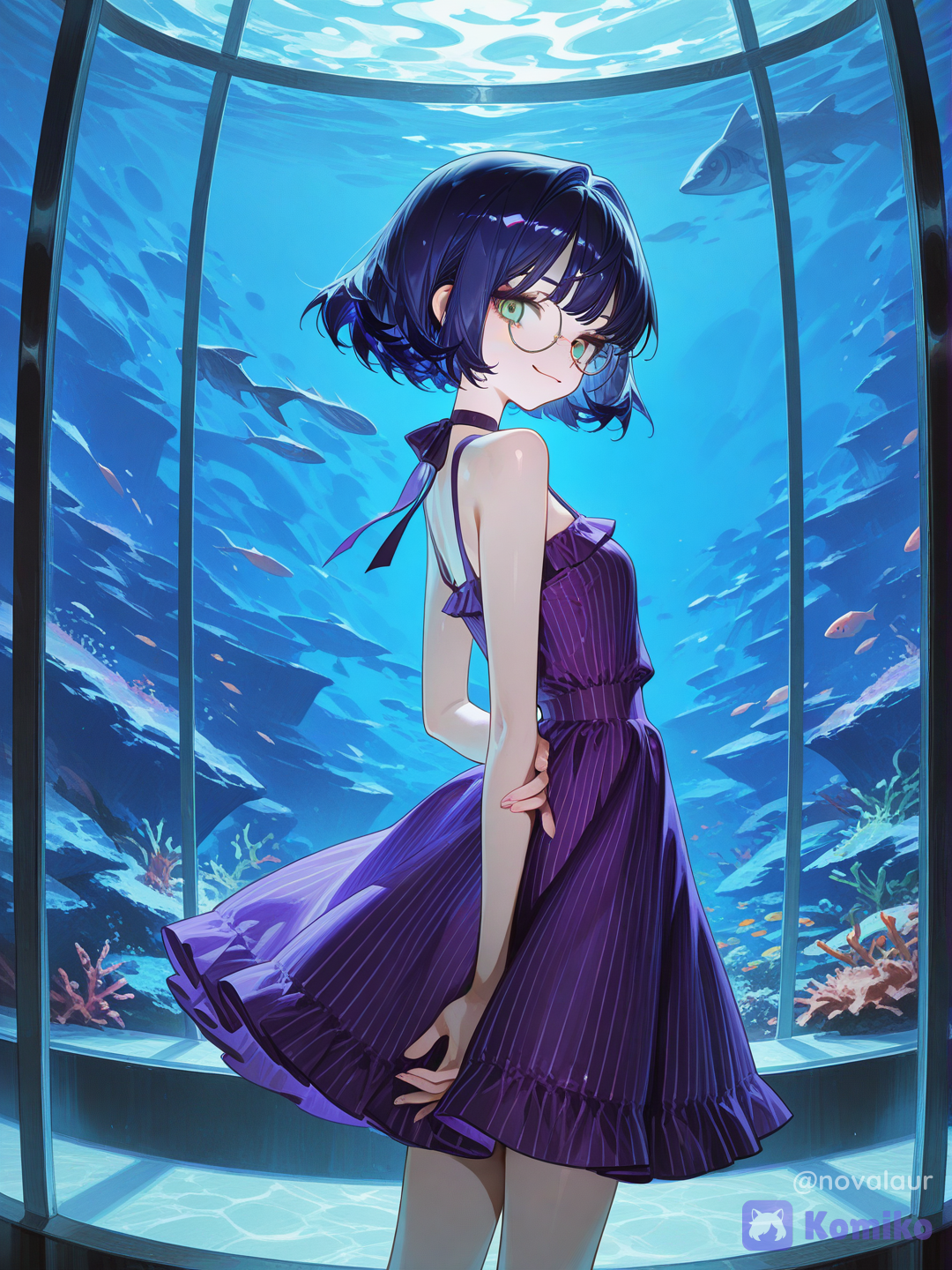 @nova-0NLW wearing a striped maxi dress, no bags, no cleavage, posing for the viewer, smiling at the viewer, aquarium in the background, [high-gloss-illustration-style]