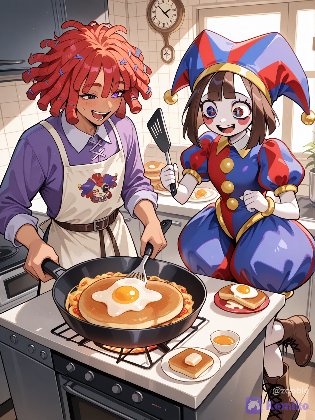 @ragatha-ms4W and @Pomni_(The_Amazing_Digital_Circus) making breakfast together in the morning and smiling Ang giggling