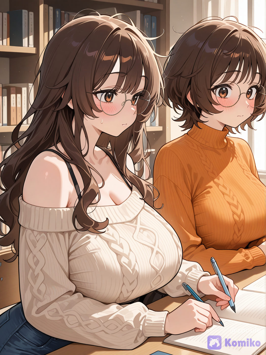 In a cozy, softly lit study space, @aurora-iPf9 leans close to @ayano-Nozq, helping her friend with homework for her return to school as they write together in a shared textbook. @aurora-ipf9 face is flushed an intense pink, her hidden crush on @ayano-Nozq evident in her shy, fond expressions while they work