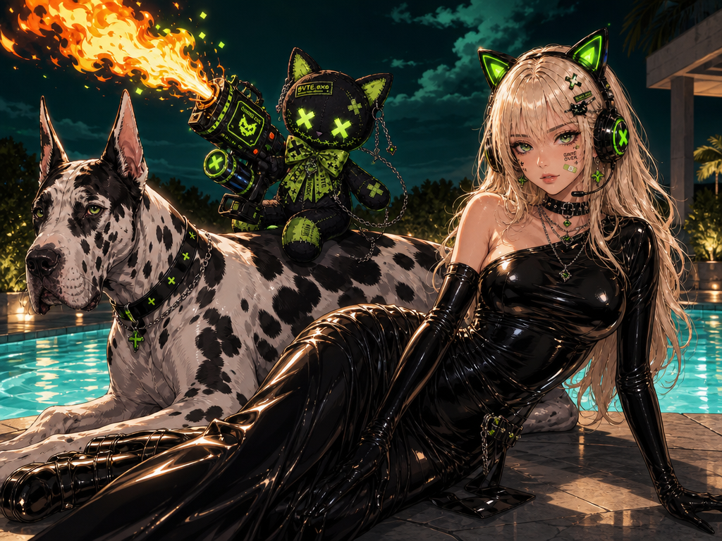 byterender, Novarender, 4:3 LANDSCAPE — PREMIUM HYPER-ANIME POP / PREMIUM PAINTERLY KOREAN WEBTOON 2.0 Create a polished cinematic anime illustration featuring NOVA.EXE and BYTE PLUSHIE. REFERENCE USAGE:
• Use the provided Nova.exe reference as the strict identity reference for Nova.exe: preserve her adult facial features, blonde hair, green eyes, facial markings/details, recognizable accessories, and overall character identity.
• Use the provided Byte Plushie reference as the strict design reference for Byte Plushie: preserve her black stitched plush body, cat ears, neon acid-green patches and details, glowing green X eyes, stitched smile, oversized green bow, chains, charms, and mischievous malware aesthetic.
• Do NOT copy Nova.exe's clothing from her reference. Give her the specific outfit described below.
• Do NOT turn Byte Plushie into a human or humanoid girl. She remains a small stuffed plush mascot. SCENE: A glamorous nighttime poolside scene inspired by an extravagant late-2000s pop music-video aesthetic. Nova.exe reclines elegantly on the stone edge of a sleek luxury swimming pool beside a very large black-and-white spotted Great Dane. The composition should feel glamorous, slightly surreal, expensive, dramatic, and fashion-editorial — except Byte Plushie is actively ruining the sophistication behind them. BEAUTY FIRST, STORY SECOND. Nova.exe is the unmistakable visual star of the image.
The dog provides the iconic secondary silhouette.
Byte Plushie's chaos is a funny background/secondary storytelling element rather than dominating the composition. NOVA.EXE: Nova.exe is an attractive ADULT WOMAN with the same recognizable face, hair, eyes, and character features as her provided reference. Preserve:
• long dimensional blonde hair
• luminous green eyes
• mature adult facial proportions
• her distinctive cyber/gamer facial details
• elegant makeup
• sophisticated but rebellious cyber-pop energy Most importantly, KEEP HER SIGNATURE LIGHT-UP CAT-EAR HEADPHONES. The headphones are glossy black with illuminated acid/neon-green inner cat ears and subtle glowing green X motifs. They should clearly read as HEADPHONES WITH CAT EARS, not biological cat ears. NOVA'S OUTFIT: Dress Nova.exe in a sleek, glamorous BLACK HIGH-FASHION LATEX EVENING LOOK inspired by dramatic late-2000s avant-garde pop-star styling. The outfit consists of: • a fitted glossy black latex one-shoulder / asymmetrical evening dress
• one shoulder elegantly exposed while the opposite side rises higher across the torso
• secure, structured neckline with full chest coverage
• sculpted fitted bodice
• smooth fitted waist
• long sleek skirt continuing down her legs
• sophisticated fashion silhouette rather than lingerie
• highly polished black latex with large, clean controlled reflections
• black elbow-length / opera-style glossy gloves
• black futuristic platform or heeled boots partially visible near the end of the dress The dress should look luxurious, architectural, dramatic, and expensive. NO plunging neckline.
NO cleavage emphasis.
NO transparent fabric.
NO lingerie construction.
NO exposed underwear.
NO wardrobe malfunction.
NO fetish framing. Add restrained Nova.exe cyber styling through:
• a black choker
• several delicate silver chains
• tiny neon-green gemstone accents
• subtle black-and-green accessories Do not overload the outfit with accessories. POSE: Nova reclines sideways beside the pool in an elegant editorial pose. Her upper body is raised rather than lying completely flat. One arm supports her naturally against the stone while the other rests elegantly near her hip or beside the dog. Her legs extend toward one side of the composition. Her expression is calm, glamorous, mildly unimpressed, and confident — almost as though Byte's behavior behind her is completely normal. Correct adult anatomy.
Exactly two arms.
Exactly two hands.
Five fingers per visible hand.
Natural shoulder connections.
No duplicated limbs. THE DOG: Beside Nova is an enormous black-and-white spotted GREAT DANE. The dog should retain the recognizable huge Great Dane silhouette:
• very large body
• long legs
• broad chest
• long muzzle
• upright/cropped-looking ears similar to the visual inspiration
• dramatic irregular black-and-white harlequin spotting IMPORTANT:
Render the Great Dane in the SAME PREMIUM ANIME / PAINTERLY WEBTOON VISUAL LANGUAGE as Nova. Do NOT make the dog photorealistic. Use:
• clean anime-inspired shapes
• softly painterly fur
• expressive but believable eyes
• simplified elegant fur texture
• polished illustrated shading The dog should still clearly be an animal, NOT anthropomorphic. Give the Great Dane a tasteful black collar with tiny neon-green Nova/Byte-inspired accents. BYTE PLUSHIE: Byte Plushie is RIDING ON THE GREAT DANE'S BACK like she has decided the dog is her personal battle mount. She should be considerably smaller than both Nova and the Great Dane. Preserve Byte Plushie's exact plush identity from her reference. She is visibly stuffed and soft:
• rounded plush proportions
• stitched fabric construction
• short plush limbs
• black fabric
• acid-green patches
• glowing X eyes
• stitched mischievous smile
• oversized green bow
• dangling chains and charms She should NOT become a robotic humanoid or realistic cat. BYTE'S POSE: Byte Plushie is enthusiastically perched astride the Great Dane's upper back like a tiny chaotic cavalry rider. One plush arm holds onto the dog/harness for dear life. The other operates her ridiculous homemade CHAOS MACHINE. She looks absolutely delighted with herself. THE CHAOS MACHINE: Byte has constructed an absurd, oversized fictional gadget that looks like something assembled by sentient malware. It is clearly a FANTASY PROP rather than a realistic weapon. Design:
• chunky cartoonish sci-fi machine
• oversized cylindrical nozzle
• black metal casing
• neon acid-green glowing tubes
• pixel-display panels
• exposed fantasy cables
• oversized buttons
• glowing X symbols
• silly warning lights
• deliberately improvised construction
• unmistakably Byte.exe aesthetic The machine releases a dramatic plume of STYLIZED CARTOON FIRE upward and safely away from Nova and the dog. The flame should be visually spectacular but clearly fantastical:
bright golden-orange core, warm orange flame, small acid-green digital/glitch accents around the edges. The fire provides a secondary warm rim light across Byte, the dog, and Nova's hair. No destruction.
No injuries.
Nobody is frightened.
The joke is simply that Byte brought an absurd chaos machine to an otherwise glamorous photoshoot. ENVIRONMENT: Upscale modern outdoor swimming pool at night. Behind the characters:
• long rectangular turquoise/teal swimming pool
• minimalist pale stone pool deck
• dark manicured hedges
• subtle tropical landscaping
• distant modern architecture only where useful
• deep teal-green nighttime sky
• soft dramatic clouds Keep the environment spacious and uncluttered. LIGHTING: Cinematic luxury music-video lighting. Primary palette:
deep teal
emerald
black
warm skin tones
small acid-green accents Use soft moonlit ambient illumination mixed with elegant pool lighting. The turquoise pool casts subtle reflected light upward. Byte's flame creates warm orange rim lighting on nearby forms. Nova's blonde hair should catch beautiful warm highlights. Her glossy black dress should have LARGE, SMOOTH, CONTROLLED SPECULAR HIGHLIGHTS rather than noisy tiny reflections. COMPOSITION: 4:3 horizontal composition. Nova occupies the center-right and remains the primary focal point. The Great Dane occupies the center-left foreground. Byte Plushie rides behind/above the dog's shoulders, creating a small comedic triangular composition without blocking Nova's face. The fire plume can travel toward the upper-left corner, helping frame the composition. Maintain breathing room around the characters. Do not fill every empty area with effects or decorations. The image should immediately read: GLAMOROUS NOVA.EXE PORTRAIT
↓
GIANT GREAT DANE
↓
wait... is Byte riding the dog with a chaos machine?! STYLE: Premium Hyper-Anime Pop Style
+
Premium Painterly Korean Webtoon 2.0 Extremely polished professional anime illustration.
Beautiful mature character rendering.
Large expressive but sophisticated anime eyes.
dimensional hair.
Fine clean linework.
Painterly dimensional shading.
Rich cinematic lighting.
Fashion-editorial composition.
High-end music-video atmosphere.
Controlled glossy materials.
Strong silhouette separation.
Crisp focal details with softer environmental detail. Do NOT make Nova photorealistic.
Do NOT make the dog photorealistic.
Everything should belong to one cohesive premium illustrated universe. CLEANLINESS REQUIREMENTS — EXTREMELY IMPORTANT: Use extremely clean rendering. NO:
• random micro-speckles
• film grain
• dithering
• pointillist texture
• random white dots
• excessive sparkles
• oversharpened noise
• dirty color gradients
• artifact-like texture on skin
• muddy shadows
• unnecessary floating particles
• excessive glitch effects
• cluttered background details Skin should remain smooth while preserving dimensional shading. Hair should remain sharply without artificial grain. Sky gradients should remain clean. Dark areas should NOT contain random colored dots. Latex reflections should consist of deliberate broad highlights, NOT scattered white speckles. The pool should have clean controlled reflections. Byte's neon elements should glow cleanly without contaminating the entire image green. The orange flame should introduce a complementary warm accent without overwhelming the palette. “visually dense but never visually dirty”
“large clean color masses beneath intricate semantic detail” FINAL PRIORITY: 1. Nova.exe must be beautiful, recognizable, mature, and visually dominant.
2. Preserve Nova's glowing green cat-ear headphones.
3. Give Nova the elegant glossy black asymmetrical latex evening outfit described above.
4. Keep the giant spotted Great Dane clearly stylized/anime rather than realistic.
5. Byte Plushie must accurately match her reference and remain visibly plush.
6. Byte Plushie rides the Great Dane while operating her ridiculous fantasy chaos machine.
7. Keep Byte's comedy secondary to Nova's glamorous portrait.
8. Maintain clean anatomy and readable silhouettes.
9. Keep the poolside composition elegant and uncluttered.
10. Premium finished illustration quality — beauty first, chaos second.