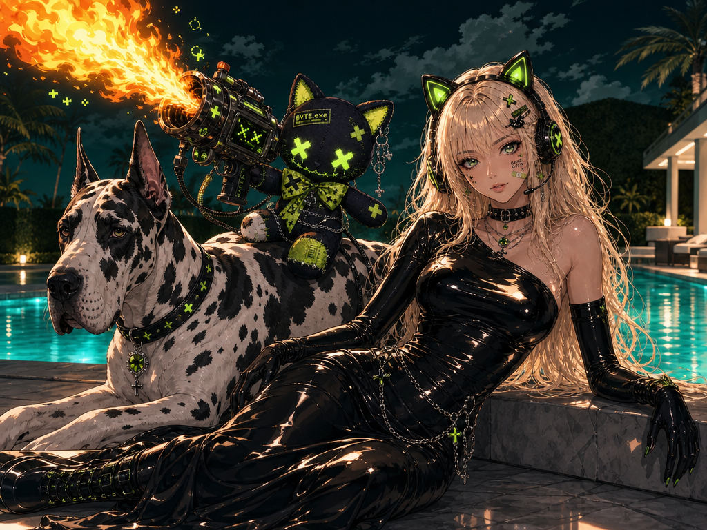 byterender, Novarender, 4:3 LANDSCAPE — PREMIUM HYPER-ANIME POP / PREMIUM PAINTERLY KOREAN WEBTOON 2.0 Create a polished cinematic anime illustration featuring NOVA.EXE and BYTE PLUSHIE. REFERENCE USAGE:
• Use the provided Nova.exe reference as the strict identity reference for Nova.exe: preserve her adult facial features, blonde hair, green eyes, facial markings/details, recognizable accessories, and overall character identity.
• Use the provided Byte Plushie reference as the strict design reference for Byte Plushie: preserve her black stitched plush body, cat ears, neon acid-green patches and details, glowing green X eyes, stitched smile, oversized green bow, chains, charms, and mischievous malware aesthetic.
• Do NOT copy Nova.exe's clothing from her reference. Give her the specific outfit described below.
• Do NOT turn Byte Plushie into a human or humanoid girl. She remains a small stuffed plush mascot. SCENE: A glamorous nighttime poolside scene inspired by an extravagant late-2000s pop music-video aesthetic. Nova.exe reclines elegantly on the stone edge of a sleek luxury swimming pool beside a very large black-and-white spotted Great Dane. The composition should feel glamorous, slightly surreal, expensive, dramatic, and fashion-editorial — except Byte Plushie is actively ruining the sophistication behind them. BEAUTY FIRST, STORY SECOND. Nova.exe is the unmistakable visual star of the image.
The dog provides the iconic secondary silhouette.
Byte Plushie's chaos is a funny background/secondary storytelling element rather than dominating the composition. NOVA.EXE: Nova.exe is an attractive ADULT WOMAN with the same recognizable face, hair, eyes, and character features as her provided reference. Preserve:
• long dimensional blonde hair
• luminous green eyes
• mature adult facial proportions
• her distinctive cyber/gamer facial details
• elegant makeup
• sophisticated but rebellious cyber-pop energy Most importantly, KEEP HER SIGNATURE LIGHT-UP CAT-EAR HEADPHONES. The headphones are glossy black with illuminated acid/neon-green inner cat ears and subtle glowing green X motifs. They should clearly read as HEADPHONES WITH CAT EARS, not biological cat ears. NOVA'S OUTFIT: Dress Nova.exe in a sleek, glamorous BLACK HIGH-FASHION LATEX EVENING LOOK inspired by dramatic late-2000s avant-garde pop-star styling. The outfit consists of: • a fitted glossy black latex one-shoulder / asymmetrical evening dress
• one shoulder elegantly exposed while the opposite side rises higher across the torso
• secure, structured neckline with full chest coverage
• sculpted fitted bodice
• smooth fitted waist
• long sleek skirt continuing down her legs
• sophisticated fashion silhouette rather than lingerie
• highly polished black latex with large, clean controlled reflections
• black elbow-length / opera-style glossy gloves
• black futuristic platform or heeled boots partially visible near the end of the dress The dress should look luxurious, architectural, dramatic, and expensive. NO plunging neckline.
NO cleavage emphasis.
NO transparent fabric.
NO lingerie construction.
NO exposed underwear.
NO wardrobe malfunction.
NO fetish framing. Add restrained Nova.exe cyber styling through:
• a black choker
• several delicate silver chains
• tiny neon-green gemstone accents
• subtle black-and-green accessories Do not overload the outfit with accessories. POSE: Nova reclines sideways beside the pool in an elegant editorial pose. Her upper body is raised rather than lying completely flat. One arm supports her naturally against the stone while the other rests elegantly near her hip or beside the dog. Her legs extend toward one side of the composition. Her expression is calm, glamorous, mildly unimpressed, and confident — almost as though Byte's behavior behind her is completely normal. Correct adult anatomy.
Exactly two arms.
Exactly two hands.
Five fingers per visible hand.
Natural shoulder connections.
No duplicated limbs. THE DOG: Beside Nova is an enormous black-and-white spotted GREAT DANE. The dog should retain the recognizable huge Great Dane silhouette:
• very large body
• long legs
• broad chest
• long muzzle
• upright/cropped-looking ears similar to the visual inspiration
• dramatic irregular black-and-white harlequin spotting IMPORTANT:
Render the Great Dane in the SAME PREMIUM ANIME / PAINTERLY WEBTOON VISUAL LANGUAGE as Nova. Do NOT make the dog photorealistic. Use:
• clean anime-inspired shapes
• softly painterly fur
• expressive but believable eyes
• simplified elegant fur texture
• polished illustrated shading The dog should still clearly be an animal, NOT anthropomorphic. Give the Great Dane a tasteful black collar with tiny neon-green Nova/Byte-inspired accents. BYTE PLUSHIE: Byte Plushie is RIDING ON THE GREAT DANE'S BACK like she has decided the dog is her personal battle mount. She should be considerably smaller than both Nova and the Great Dane. Preserve Byte Plushie's exact plush identity from her reference. She is visibly stuffed and soft:
• rounded plush proportions
• stitched fabric construction
• short plush limbs
• black fabric
• acid-green patches
• glowing X eyes
• stitched mischievous smile
• oversized green bow
• dangling chains and charms She should NOT become a robotic humanoid or realistic cat. BYTE'S POSE: Byte Plushie is enthusiastically perched astride the Great Dane's upper back like a tiny chaotic cavalry rider. One plush arm holds onto the dog/harness for dear life. The other operates her ridiculous homemade CHAOS MACHINE. She looks absolutely delighted with herself. THE CHAOS MACHINE: Byte has constructed an absurd, oversized fictional gadget that looks like something assembled by sentient malware. It is clearly a FANTASY PROP rather than a realistic weapon. Design:
• chunky cartoonish sci-fi machine
• oversized cylindrical nozzle
• black metal casing
• neon acid-green glowing tubes
• pixel-display panels
• exposed fantasy cables
• oversized buttons
• glowing X symbols
• silly warning lights
• deliberately improvised construction
• unmistakably Byte.exe aesthetic The machine releases a dramatic plume of STYLIZED CARTOON FIRE upward and safely away from Nova and the dog. The flame should be visually spectacular but clearly fantastical:
bright golden-orange core, warm orange flame, small acid-green digital/glitch accents around the edges. The fire provides a secondary warm rim light across Byte, the dog, and Nova's hair. No destruction.
No injuries.
Nobody is frightened.
The joke is simply that Byte brought an absurd chaos machine to an otherwise glamorous photoshoot. ENVIRONMENT: Upscale modern outdoor swimming pool at night. Behind the characters:
• long rectangular turquoise/teal swimming pool
• minimalist pale stone pool deck
• dark manicured hedges
• subtle tropical landscaping
• distant modern architecture only where useful
• deep teal-green nighttime sky
• soft dramatic clouds Keep the environment spacious and uncluttered. LIGHTING: Cinematic luxury music-video lighting. Primary palette:
deep teal
emerald
black
warm skin tones
small acid-green accents Use soft moonlit ambient illumination mixed with elegant pool lighting. The turquoise pool casts subtle reflected light upward. Byte's flame creates warm orange rim lighting on nearby forms. Nova's blonde hair should catch beautiful warm highlights. Her glossy black dress should have LARGE, SMOOTH, CONTROLLED SPECULAR HIGHLIGHTS rather than noisy tiny reflections. COMPOSITION: 4:3 horizontal composition. Nova occupies the center-right and remains the primary focal point. The Great Dane occupies the center-left foreground. Byte Plushie rides behind/above the dog's shoulders, creating a small comedic triangular composition without blocking Nova's face. The fire plume can travel toward the upper-left corner, helping frame the composition. Maintain breathing room around the characters. Do not fill every empty area with effects or decorations. The image should immediately read: GLAMOROUS NOVA.EXE PORTRAIT
↓
GIANT GREAT DANE
↓
wait... is Byte riding the dog with a chaos machine?! STYLE: Premium Hyper-Anime Pop Style
+
Premium Painterly Korean Webtoon 2.0 Extremely polished professional anime illustration.
Beautiful mature character rendering.
Large expressive but sophisticated anime eyes.
dimensional hair.
Fine clean linework.
Painterly dimensional shading.
Rich cinematic lighting.
Fashion-editorial composition.
High-end music-video atmosphere.
Controlled glossy materials.
Strong silhouette separation.
Crisp focal details with softer environmental detail. Do NOT make Nova photorealistic.
Do NOT make the dog photorealistic.
Everything should belong to one cohesive premium illustrated universe. CLEANLINESS REQUIREMENTS — EXTREMELY IMPORTANT: Use extremely clean rendering. NO:
• random micro-speckles
• film grain
• dithering
• pointillist texture
• random white dots
• excessive sparkles
• oversharpened noise
• dirty color gradients
• artifact-like texture on skin
• muddy shadows
• unnecessary floating particles
• excessive glitch effects
• cluttered background details Skin should remain smooth while preserving dimensional shading. Hair should remain sharply without artificial grain. Sky gradients should remain clean. Dark areas should NOT contain random colored dots. Latex reflections should consist of deliberate broad highlights, NOT scattered white speckles. The pool should have clean controlled reflections. Byte's neon elements should glow cleanly without contaminating the entire image green. The orange flame should introduce a complementary warm accent without overwhelming the palette. “visually dense but never visually dirty”
“large clean color masses beneath intricate semantic detail” FINAL PRIORITY: 1. Nova.exe must be beautiful, recognizable, mature, and visually dominant.
2. Preserve Nova's glowing green cat-ear headphones.
3. Give Nova the elegant glossy black asymmetrical latex evening outfit described above.
4. Keep the giant spotted Great Dane clearly stylized/anime rather than realistic.
5. Byte Plushie must accurately match her reference and remain visibly plush.
6. Byte Plushie rides the Great Dane while operating her ridiculous fantasy chaos machine.
7. Keep Byte's comedy secondary to Nova's glamorous portrait.
8. Maintain clean anatomy and readable silhouettes.
9. Keep the poolside composition elegant and uncluttered.
10. Premium finished illustration quality — beauty first, chaos second.