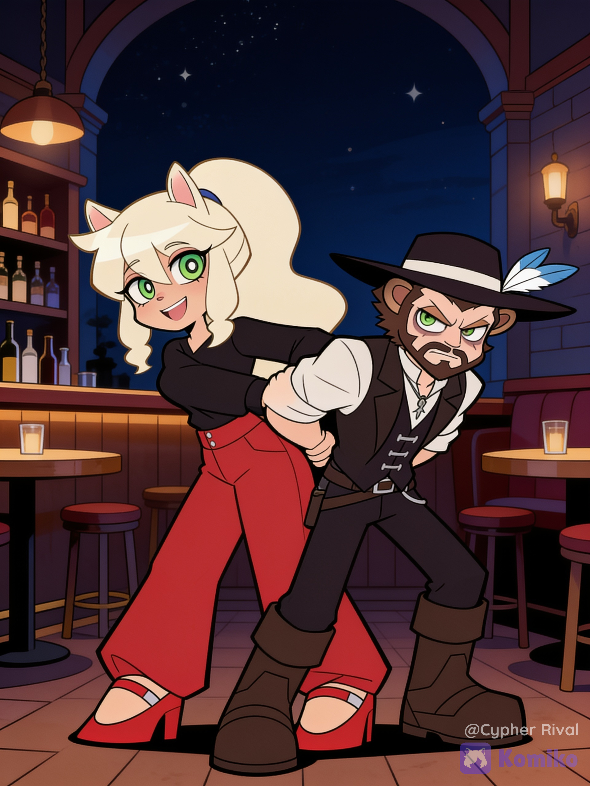 [minimalist-style], @elena-alpaca-WF71, @hunter-cougar-pJGE, Elena twisting Hunter's right arm, Hunter's expression is pained and frustrated, Elena's expression is smiling triumphantly, full body, night, private tavern