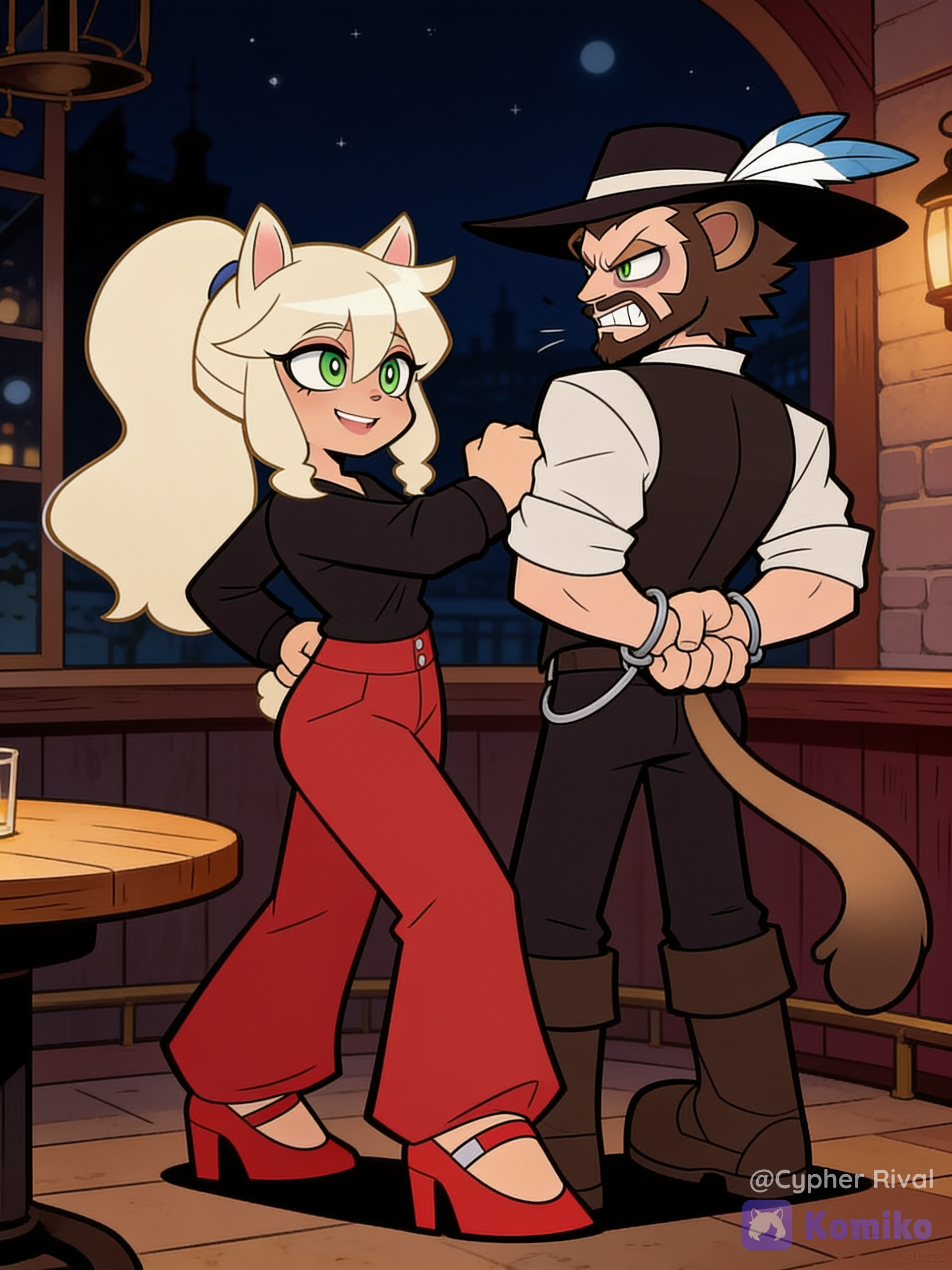 [minimalist-style], @elena-alpaca-WF71, @hunter-cougar-pJGE, Elena twisting Hunter's right arm, Hunter's expression is pained and frustrated, Elena's expression is smiling triumphantly, full body, night, private tavern