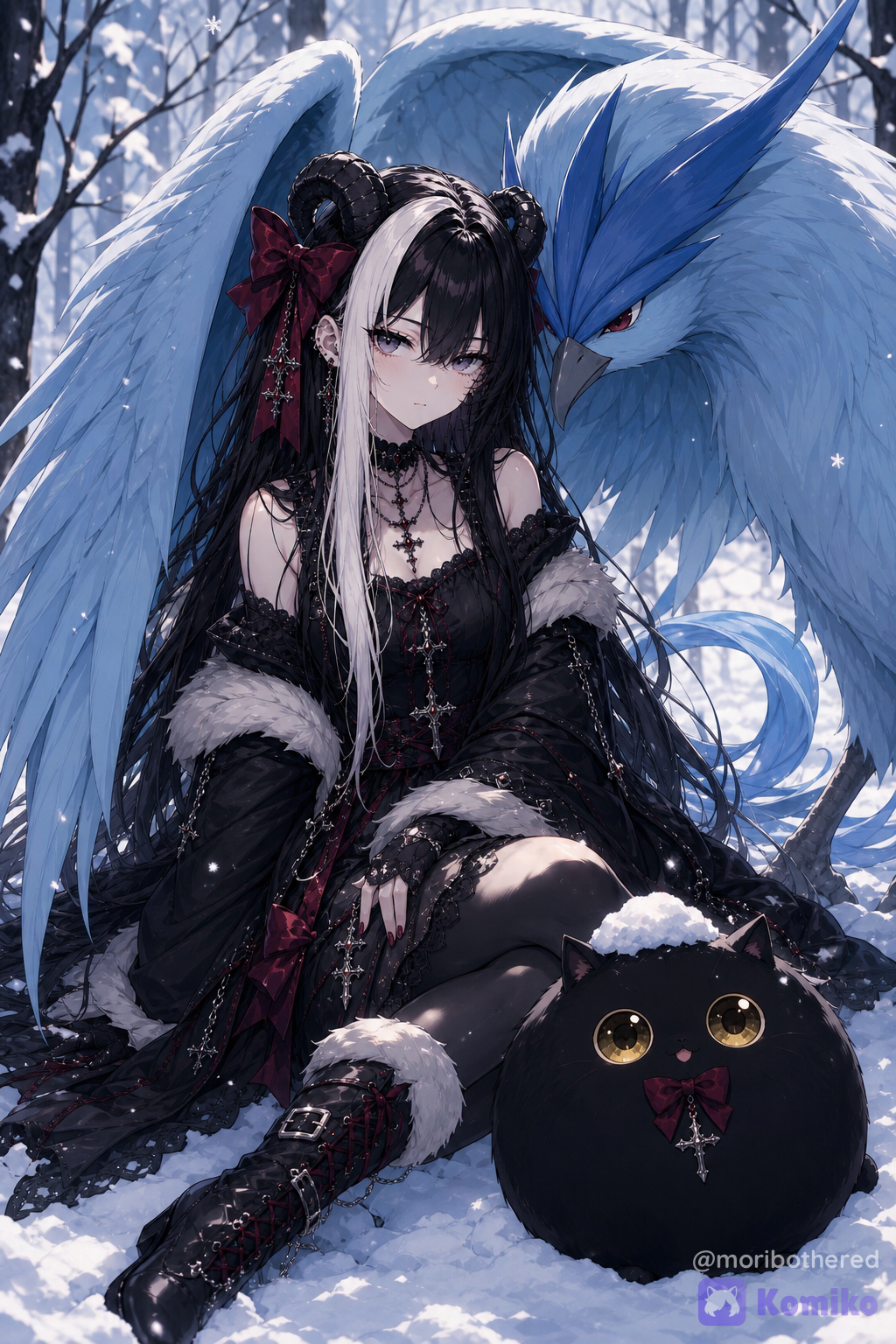 Create a 3:4 vertical premium anime illustration featuring Mori with Articuno and her companion Kuro. REFERENCE USE Use the attached image exclusively as the character reference for Mori. Preserve Mori’s established identity very closely:
- same adult facial identity and proportions
- mature woman in her late 20s
- pale luminous complexion
- large, complex lavender-gray gemstone eyes
- extremely long ink-black hair with her distinctive large ivory-white section
- large curled black ram horns
- signature large oxblood-red bow positioned near one horn
- established gothic character identity and color language The reference establishes Mori’s CHARACTER IDENTITY only. Do not copy the exact pose, clothing, composition, lighting, or background from the reference. Kuro and Articuno are not shown in the reference image and should be created entirely from the descriptions below. ────────────────────────────
ART DIRECTION — GOTHIC CANDY EDITORIAL
──────────────────────────── Create the illustration entirely in Mori’s established GOTHIC CANDY EDITORIAL visual style. This is a polished contemporary anime aesthetic built around elegant gothic fashion, expressive character beauty, sophisticated editorial composition, and exceptionally clean rendering. Mori should have the distinctive visual finish associated with this style: - large, complex gemstone-like anime eyes with luminous lavender-gray irises
- refined adult facial proportions and unmistakably mature beauty
- smooth luminous skin with soft dimensional shading
- finely controlled facial features
- long, sharply articulated hair arranged into elegant grouped strands
- rich blacks that remain clean and readable
- restrained oxblood, ivory, lavender-gray, and dark-silver accents
- crisp silhouette design
- sophisticated gothic fashion detailing
- selective ornamental complexity rather than decoration everywhere
- clean cel-painterly dimensional rendering
- elegant cinematic lighting
- strong foreground/background separation
- fashion-editorial framing and visual hierarchy The overall finish should feel luxurious, romantic, slightly melancholic, and distinctly anime rather than photorealistic. Intricate details should sit over large, clean color masses so the illustration remains visually rich without becoming visually noisy. Avoid generic fantasy-anime rendering, photorealism, semi-realistic Western fantasy art, watercolor texture, heavy painterly brushwork, or conventional Korean webtoon rendering. This should unmistakably feel like a GOTHIC CANDY EDITORIAL illustration of Mori, with the Pokémon elements naturally integrated into her established visual world. Beauty and character presence remain the primary focus. ────────────────────────────
SCENE
──────────────────────────── Set the portrait in a quiet snow-covered forest during a luminous, cold winter morning. Mori sits gracefully in fresh snow while Articuno rests immediately behind and beside her. Their proximity should communicate an unusually natural bond. Articuno lowers its head close beside Mori’s head and shoulder. One enormous pale-blue wing curves gently forward around Mori, creating an elegant protective frame around her body. Their heads should be relatively close together. Mori appears completely comfortable with Articuno. Her expression remains characteristic of her personality: calm, reserved, elegant, slightly tired, and subtly deadpan. She is not smiling broadly, acting surprised, or posing triumphantly. There is a quiet sense that Mori deliberately chose Articuno because its temperament suits her. This is an intimate character portrait. NOT a battle scene.
NOT an action scene.
NOT a conventional Pokémon Trainer pose.
NOT a fantasy queen portrait. ────────────────────────────
MORI — POSE AND WARDROBE
──────────────────────────── Mori is the primary focal point. Frame her prominently, approximately from the knees or upper thighs upward. She sits elegantly in the snow with relaxed, feminine, natural posture. Keep her face sufficiently large within the composition for her eyes, facial identity, and expression to remain immediately readable. Her extremely long black-and-ivory hair falls naturally around her shoulders and body, with some sections resting against the snow. A gentle winter breeze moves only a few larger sections of hair. Create an elegant winter interpretation of Mori’s gothic fashion specifically for this scene. WARDROBE: - sophisticated fitted black gothic winter dress
- elegant layered black fabrics
- restrained black lace detailing
- subtle oxblood-red ribbon accents
- fitted long black sleeves or elegant detached sleeves
- selective soft ivory fur trim
- dark-silver jewelry
- a small number of carefully positioned gothic cross charms
- fitted black winter boots with understated oxblood detailing Her signature oxblood-red horn bow should remain one of the strongest accent colors. Keep the outfit sophisticated and fashion-forward rather than overloaded. Avoid covering Mori in excessive chains, crosses, buckles, bows, straps, lace patterns, or tiny accessories. Use several strong, deliberate design elements instead of many competing details. ────────────────────────────
ARTICUNO
──────────────────────────── Create ARTICUNO accurately and recognizably as the legendary Pokémon Articuno. Articuno should be significantly larger than Mori and possess a graceful, impressive legendary presence. Essential visual characteristics: - elegant pale icy-blue avian body
- enormous pale-blue wings
- broad organized feather groups
- distinctive darker royal-blue three-pointed feather crest on its forehead
- long flowing ribbon-like blue tail feathers
- elegant pointed avian beak
- intelligent reddish eyes
- slender graceful legendary-bird proportions
- recognizable Articuno silhouette Articuno should unmistakably read as ARTICUNO rather than a generic ice bird. Do not redesign Articuno as:
- an owl
- an eagle
- an armored bird
- a humanoid bird
- a generic fantasy creature
- an original ice monster Articuno is serene, dignified, intelligent, and peaceful. It should appear unusually comfortable around Mori. Lower Articuno’s head near Mori’s head and shoulder while one enormous wing curves around her. The wing creates one of the primary clean shapes within the composition and should partially surround Mori without obscuring her face. The pose should suggest quiet affection and mutual trust rather than ownership or battle readiness. No aggression.
No attack effects.
No ice beam.
No combat pose.
No excessive magical effects. ────────────────────────────
KURO
──────────────────────────── Place Kuro in the lower foreground. Kuro is Mori’s unusual living cat companion. His design is deliberately exaggerated and must NOT resemble an ordinarily proportioned realistic cat. Kuro is an EXTREMELY FAT, EXTREMELY ROUND BLACK ANIME CAT. His body is almost a perfect sphere. He should have: - nearly spherical ink-black body
- enormous round belly
- no visible neck
- smooth short plush black fur
- tiny triangular black ears
- microscopic stubby paws
- extremely short tiny legs
- tiny tail nub
- enormous perfectly round golden-amber eyes
- glossy eyes with large, clean catchlights
- microscopic black nose
- extremely tiny mouth
- optional tiny hint of a pink tongue
- tiny oxblood-red bow tie
- one small dark-silver gothic cross charm hanging from the bow tie Kuro is approximately 30 cm / 12 inches in diameter. His silhouette should read almost immediately as a round black orb with cat features. Do NOT give Kuro: - ordinary realistic feline proportions
- elongated cat torso
- visible neck
- long legs
- large paws
- long tail
- fluffy long fur
- realistic feline face
- crown
- royal accessories
- clothing beyond his tiny bow tie
- humanoid features ────────────────────────────
KURO IN THE SCENE
──────────────────────────── Kuro sits in the lower foreground in fresh snow. Because of his extremely spherical shape, his lower body has sunk noticeably into the snow. Most of his round upper body remains visible above the surface. His tiny ears and enormous golden eyes remain clearly visible. A small, clean mound of snow rests on top of his head. Kuro calmly looks toward the viewer with a completely content, vacant expression. He is not distressed by the snow. Keep this moment subtle. The image should initially register as a beautiful portrait of Mori and Articuno. Kuro provides a small secondary moment of warmth and visual humor once the viewer notices him. Do not exaggerate Kuro’s expression or turn the composition into a comedy scene. ────────────────────────────
COMPOSITION
──────────────────────────── 3:4 VERTICAL PORTRAIT. Use a close, premium fashion-editorial character composition. Mori occupies the central to slightly left-center portion of the frame. Articuno rises immediately behind and beside her. Articuno’s enormous wing curves through the upper composition and naturally frames Mori’s face and body. Kuro occupies the lower foreground. Use the directional movement of Articuno’s wing, tail, and Mori’s hair to guide attention toward Mori’s face. VISUAL HIERARCHY: 1. MORI’S FACE
2. ARTICUNO
3. KURO
4. WINTER ENVIRONMENT Do not give every object equal visual importance. Mori must remain the primary character and beauty focal point. Allow portions of Articuno’s enormous wings to extend naturally beyond the upper and side boundaries of the image. This should make Articuno feel enormous without requiring Mori to become small within the frame. Avoid excessive empty space above Mori’s head. ────────────────────────────
ENVIRONMENT
──────────────────────────── Create an elegant, relatively minimal snowy woodland. Include: - fresh clean snow
- slender dark winter tree trunks
- soft atmospheric forest depth
- subtle distant mist
- cool blue-white winter daylight
- only a small number of softly rendered falling snowflakes The environment should support the characters rather than compete with them. Avoid: - castles
- thrones
- ornate architecture
- fantasy temples
- elaborate ruins
- crowded vegetation
- unnecessary props
- Poké Balls
- text
- logos
- decorative borders
- excessive magical particles ────────────────────────────
COLOR PALETTE
──────────────────────────── Build the scene around a sophisticated winter palette: - icy pale blue
- deeper royal Articuno blue
- clean snow white
- ink black
- ivory
- lavender-gray
- restrained oxblood red
- dark silver Mori’s dark gothic clothing should create strong graphic contrast against the pale winter landscape. Her oxblood accents should provide small areas of controlled warmth. Articuno’s cool blue feathers should complement Mori rather than visually overpower her. ────────────────────────────
LIGHTING
──────────────────────────── Use beautiful cold winter illumination. Soft directional blue-white daylight. Reflected light from the surrounding snow gently illuminates Mori’s skin and the underside of her hair. Her pale complexion should remain luminous rather than washed out. Mori’s ivory-white hair section catches especially beautiful cool highlights while maintaining visible strand definition. Her lavender-gray gemstone eyes remain luminous, complex, and highly . Articuno’s feathers receive crisp icy highlights with smooth dimensional blue shadows. Use restrained cool rim lighting to separate Mori’s dark silhouette from Articuno and the forest. Avoid excessive glow or bloom. ────────────────────────────
CLEAN RENDERING
──────────────────────────── The finished illustration must have exceptionally clean rendering. Favor large, controlled color masses beneath selective intricate detail. The artwork may be visually rich, but it must remain visually pristine and easy to read. Skin:
Smooth, luminous, and clean while preserving sophisticated dimensional shading. Hair:
Sharply with intentional grouped strands and selective fine strand work. Dark fabrics:
Rich black surfaces with readable folds and controlled lace details without noisy texture. Articuno:
Organize the plumage into elegant large feather groups with selective finer detailing rather than thousands of scratch-like individual feather lines. Snow:
Render the ground using broad, clean white masses with controlled cool blue-gray shadow shapes. Falling snow:
Use only a small number of intentional, clearly shaped, softly rendered snowflakes. Do NOT simulate snowfall by covering the image with hundreds of tiny white dots. Avoid: - random micro-speckles
- film grain
- dithering
- pointillist texture
- random white dots
- excessive sparkles
- excessive floating particles
- oversharpened noise
- dirty gradients
- artifact-like skin texture
- noisy texture inside dark clothing
- random colored pixels inside black areas
- artificial grain in hair
- excessive individual snow particles
- visual static
- muddy shadows
- crunchy sharpening
- excessive bloom Dark areas should remain deep, smooth, and clean. Background atmospheric gradients should remain smooth. Maintain crisp silhouettes and controlled edges. The final result should contain sophisticated detail without looking cluttered or artificially textured. ────────────────────────────
ANATOMY AND QUALITY CONTROL
──────────────────────────── MORI: - one head
- two arms
- two hands
- five fingers on each visible hand
- two legs
- natural adult anatomy
- natural seated posture
- no duplicated limbs
- no additional hands
- no fused fingers
- no malformed anatomy ARTICUNO: - one head
- one beak
- two wings
- two legs
- coherent avian anatomy
- recognizable Articuno silhouette
- no duplicated wings
- no extra limbs
- no malformed feathers KURO: - one spherical body
- two tiny ears
- two enormous golden eyes
- four microscopic paws where visible
- one tiny tail nub
- no additional limbs
- no elongated feline torso ────────────────────────────
FINAL IMPRESSION
──────────────────────────── Create an exceptionally beautiful and serene Gothic Candy Editorial winter portrait of Mori with Articuno. Mori and Articuno should feel naturally suited to one another: quiet, elegant, reserved, intelligent, and comfortable sharing the same space. Their relationship should feel understated rather than theatrical. Mori remains unmistakably herself and remains the dominant beauty focal point of the composition. Articuno adds scale, elegance, and icy serenity. Kuro provides a small contrasting moment of warmth and understated humor from the snowy foreground. The final image should feel polished enough to function as a premium character illustration even without knowing the underlying story. Beautiful first.
Character-driven second.
Narrative details discovered naturally afterward., ren