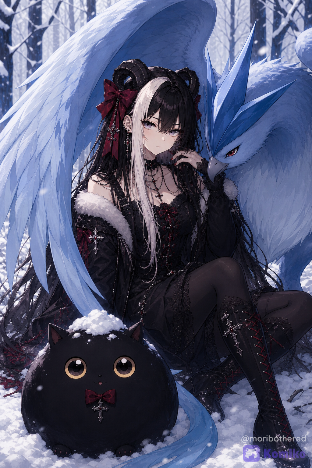 Create a 3:4 vertical premium anime illustration featuring Mori with Articuno and her companion Kuro. REFERENCE USE Use the attached image exclusively as the character reference for Mori. Preserve Mori’s established identity very closely:
- same adult facial identity and proportions
- mature woman in her late 20s
- pale luminous complexion
- large, complex lavender-gray gemstone eyes
- extremely long ink-black hair with her distinctive large ivory-white section
- large curled black ram horns
- signature large oxblood-red bow positioned near one horn
- established gothic character identity and color language The reference establishes Mori’s CHARACTER IDENTITY only. Do not copy the exact pose, clothing, composition, lighting, or background from the reference. Kuro and Articuno are not shown in the reference image and should be created entirely from the descriptions below. ────────────────────────────
ART DIRECTION — GOTHIC CANDY EDITORIAL
──────────────────────────── Create the illustration entirely in Mori’s established GOTHIC CANDY EDITORIAL visual style. This is a polished contemporary anime aesthetic built around elegant gothic fashion, expressive character beauty, sophisticated editorial composition, and exceptionally clean rendering. Mori should have the distinctive visual finish associated with this style: - large, complex gemstone-like anime eyes with luminous lavender-gray irises
- refined adult facial proportions and unmistakably mature beauty
- smooth luminous skin with soft dimensional shading
- finely controlled facial features
- long, sharply articulated hair arranged into elegant grouped strands
- rich blacks that remain clean and readable
- restrained oxblood, ivory, lavender-gray, and dark-silver accents
- crisp silhouette design
- sophisticated gothic fashion detailing
- selective ornamental complexity rather than decoration everywhere
- clean cel-painterly dimensional rendering
- elegant cinematic lighting
- strong foreground/background separation
- fashion-editorial framing and visual hierarchy The overall finish should feel luxurious, romantic, slightly melancholic, and distinctly anime rather than photorealistic. Intricate details should sit over large, clean color masses so the illustration remains visually rich without becoming visually noisy. Avoid generic fantasy-anime rendering, photorealism, semi-realistic Western fantasy art, watercolor texture, heavy painterly brushwork, or conventional Korean webtoon rendering. This should unmistakably feel like a GOTHIC CANDY EDITORIAL illustration of Mori, with the Pokémon elements naturally integrated into her established visual world. Beauty and character presence remain the primary focus. ────────────────────────────
SCENE
──────────────────────────── Set the portrait in a quiet snow-covered forest during a luminous, cold winter morning. Mori sits gracefully in fresh snow while Articuno rests immediately behind and beside her. Their proximity should communicate an unusually natural bond. Articuno lowers its head close beside Mori’s head and shoulder. One enormous pale-blue wing curves gently forward around Mori, creating an elegant protective frame around her body. Their heads should be relatively close together. Mori appears completely comfortable with Articuno. Her expression remains characteristic of her personality: calm, reserved, elegant, slightly tired, and subtly deadpan. She is not smiling broadly, acting surprised, or posing triumphantly. There is a quiet sense that Mori deliberately chose Articuno because its temperament suits her. This is an intimate character portrait. NOT a battle scene.
NOT an action scene.
NOT a conventional Pokémon Trainer pose.
NOT a fantasy queen portrait. ────────────────────────────
MORI — POSE AND WARDROBE
──────────────────────────── Mori is the primary focal point. Frame her prominently, approximately from the knees or upper thighs upward. She sits elegantly in the snow with relaxed, feminine, natural posture. Keep her face sufficiently large within the composition for her eyes, facial identity, and expression to remain immediately readable. Her extremely long black-and-ivory hair falls naturally around her shoulders and body, with some sections resting against the snow. A gentle winter breeze moves only a few larger sections of hair. Create an elegant winter interpretation of Mori’s gothic fashion specifically for this scene. WARDROBE: - sophisticated fitted black gothic winter dress
- elegant layered black fabrics
- restrained black lace detailing
- subtle oxblood-red ribbon accents
- fitted long black sleeves or elegant detached sleeves
- selective soft ivory fur trim
- dark-silver jewelry
- a small number of carefully positioned gothic cross charms
- fitted black winter boots with understated oxblood detailing Her signature oxblood-red horn bow should remain one of the strongest accent colors. Keep the outfit sophisticated and fashion-forward rather than overloaded. Avoid covering Mori in excessive chains, crosses, buckles, bows, straps, lace patterns, or tiny accessories. Use several strong, deliberate design elements instead of many competing details. ────────────────────────────
ARTICUNO
──────────────────────────── Create ARTICUNO accurately and recognizably as the legendary Pokémon Articuno. Articuno should be significantly larger than Mori and possess a graceful, impressive legendary presence. Essential visual characteristics: - elegant pale icy-blue avian body
- enormous pale-blue wings
- broad organized feather groups
- distinctive darker royal-blue three-pointed feather crest on its forehead
- long flowing ribbon-like blue tail feathers
- elegant pointed avian beak
- intelligent reddish eyes
- slender graceful legendary-bird proportions
- recognizable Articuno silhouette Articuno should unmistakably read as ARTICUNO rather than a generic ice bird. Do not redesign Articuno as:
- an owl
- an eagle
- an armored bird
- a humanoid bird
- a generic fantasy creature
- an original ice monster Articuno is serene, dignified, intelligent, and peaceful. It should appear unusually comfortable around Mori. Lower Articuno’s head near Mori’s head and shoulder while one enormous wing curves around her. The wing creates one of the primary clean shapes within the composition and should partially surround Mori without obscuring her face. The pose should suggest quiet affection and mutual trust rather than ownership or battle readiness. No aggression.
No attack effects.
No ice beam.
No combat pose.
No excessive magical effects. ────────────────────────────
KURO
──────────────────────────── Place Kuro in the lower foreground. Kuro is Mori’s unusual living cat companion. His design is deliberately exaggerated and must NOT resemble an ordinarily proportioned realistic cat. Kuro is an EXTREMELY FAT, EXTREMELY ROUND BLACK ANIME CAT. His body is almost a perfect sphere. He should have: - nearly spherical ink-black body
- enormous round belly
- no visible neck
- smooth short plush black fur
- tiny triangular black ears
- microscopic stubby paws
- extremely short tiny legs
- tiny tail nub
- enormous perfectly round golden-amber eyes
- glossy eyes with large, clean catchlights
- microscopic black nose
- extremely tiny mouth
- optional tiny hint of a pink tongue
- tiny oxblood-red bow tie
- one small dark-silver gothic cross charm hanging from the bow tie Kuro is approximately 30 cm / 12 inches in diameter. His silhouette should read almost immediately as a round black orb with cat features. Do NOT give Kuro: - ordinary realistic feline proportions
- elongated cat torso
- visible neck
- long legs
- large paws
- long tail
- fluffy long fur
- realistic feline face
- crown
- royal accessories
- clothing beyond his tiny bow tie
- humanoid features ────────────────────────────
KURO IN THE SCENE
──────────────────────────── Kuro sits in the lower foreground in fresh snow. Because of his extremely spherical shape, his lower body has sunk noticeably into the snow. Most of his round upper body remains visible above the surface. His tiny ears and enormous golden eyes remain clearly visible. A small, clean mound of snow rests on top of his head. Kuro calmly looks toward the viewer with a completely content, vacant expression. He is not distressed by the snow. Keep this moment subtle. The image should initially register as a beautiful portrait of Mori and Articuno. Kuro provides a small secondary moment of warmth and visual humor once the viewer notices him. Do not exaggerate Kuro’s expression or turn the composition into a comedy scene. ────────────────────────────
COMPOSITION
──────────────────────────── 3:4 VERTICAL PORTRAIT. Use a close, premium fashion-editorial character composition. Mori occupies the central to slightly left-center portion of the frame. Articuno rises immediately behind and beside her. Articuno’s enormous wing curves through the upper composition and naturally frames Mori’s face and body. Kuro occupies the lower foreground. Use the directional movement of Articuno’s wing, tail, and Mori’s hair to guide attention toward Mori’s face. VISUAL HIERARCHY: 1. MORI’S FACE
2. ARTICUNO
3. KURO
4. WINTER ENVIRONMENT Do not give every object equal visual importance. Mori must remain the primary character and beauty focal point. Allow portions of Articuno’s enormous wings to extend naturally beyond the upper and side boundaries of the image. This should make Articuno feel enormous without requiring Mori to become small within the frame. Avoid excessive empty space above Mori’s head. ────────────────────────────
ENVIRONMENT
──────────────────────────── Create an elegant, relatively minimal snowy woodland. Include: - fresh clean snow
- slender dark winter tree trunks
- soft atmospheric forest depth
- subtle distant mist
- cool blue-white winter daylight
- only a small number of softly rendered falling snowflakes The environment should support the characters rather than compete with them. Avoid: - castles
- thrones
- ornate architecture
- fantasy temples
- elaborate ruins
- crowded vegetation
- unnecessary props
- Poké Balls
- text
- logos
- decorative borders
- excessive magical particles ────────────────────────────
COLOR PALETTE
──────────────────────────── Build the scene around a sophisticated winter palette: - icy pale blue
- deeper royal Articuno blue
- clean snow white
- ink black
- ivory
- lavender-gray
- restrained oxblood red
- dark silver Mori’s dark gothic clothing should create strong graphic contrast against the pale winter landscape. Her oxblood accents should provide small areas of controlled warmth. Articuno’s cool blue feathers should complement Mori rather than visually overpower her. ────────────────────────────
LIGHTING
──────────────────────────── Use beautiful cold winter illumination. Soft directional blue-white daylight. Reflected light from the surrounding snow gently illuminates Mori’s skin and the underside of her hair. Her pale complexion should remain luminous rather than washed out. Mori’s ivory-white hair section catches especially beautiful cool highlights while maintaining visible strand definition. Her lavender-gray gemstone eyes remain luminous, complex, and highly . Articuno’s feathers receive crisp icy highlights with smooth dimensional blue shadows. Use restrained cool rim lighting to separate Mori’s dark silhouette from Articuno and the forest. Avoid excessive glow or bloom. ────────────────────────────
CLEAN RENDERING
──────────────────────────── The finished illustration must have exceptionally clean rendering. Favor large, controlled color masses beneath selective intricate detail. The artwork may be visually rich, but it must remain visually pristine and easy to read. Skin:
Smooth, luminous, and clean while preserving sophisticated dimensional shading. Hair:
Sharply with intentional grouped strands and selective fine strand work. Dark fabrics:
Rich black surfaces with readable folds and controlled lace details without noisy texture. Articuno:
Organize the plumage into elegant large feather groups with selective finer detailing rather than thousands of scratch-like individual feather lines. Snow:
Render the ground using broad, clean white masses with controlled cool blue-gray shadow shapes. Falling snow:
Use only a small number of intentional, clearly shaped, softly rendered snowflakes. Do NOT simulate snowfall by covering the image with hundreds of tiny white dots. Avoid: - random micro-speckles
- film grain
- dithering
- pointillist texture
- random white dots
- excessive sparkles
- excessive floating particles
- oversharpened noise
- dirty gradients
- artifact-like skin texture
- noisy texture inside dark clothing
- random colored pixels inside black areas
- artificial grain in hair
- excessive individual snow particles
- visual static
- muddy shadows
- crunchy sharpening
- excessive bloom Dark areas should remain deep, smooth, and clean. Background atmospheric gradients should remain smooth. Maintain crisp silhouettes and controlled edges. The final result should contain sophisticated detail without looking cluttered or artificially textured. ────────────────────────────
ANATOMY AND QUALITY CONTROL
──────────────────────────── MORI: - one head
- two arms
- two hands
- five fingers on each visible hand
- two legs
- natural adult anatomy
- natural seated posture
- no duplicated limbs
- no additional hands
- no fused fingers
- no malformed anatomy ARTICUNO: - one head
- one beak
- two wings
- two legs
- coherent avian anatomy
- recognizable Articuno silhouette
- no duplicated wings
- no extra limbs
- no malformed feathers KURO: - one spherical body
- two tiny ears
- two enormous golden eyes
- four microscopic paws where visible
- one tiny tail nub
- no additional limbs
- no elongated feline torso ────────────────────────────
FINAL IMPRESSION
──────────────────────────── Create an exceptionally beautiful and serene Gothic Candy Editorial winter portrait of Mori with Articuno. Mori and Articuno should feel naturally suited to one another: quiet, elegant, reserved, intelligent, and comfortable sharing the same space. Their relationship should feel understated rather than theatrical. Mori remains unmistakably herself and remains the dominant beauty focal point of the composition. Articuno adds scale, elegance, and icy serenity. Kuro provides a small contrasting moment of warmth and understated humor from the snowy foreground. The final image should feel polished enough to function as a premium character illustration even without knowing the underlying story. Beautiful first.
Character-driven second.
Narrative details discovered naturally afterward., ren