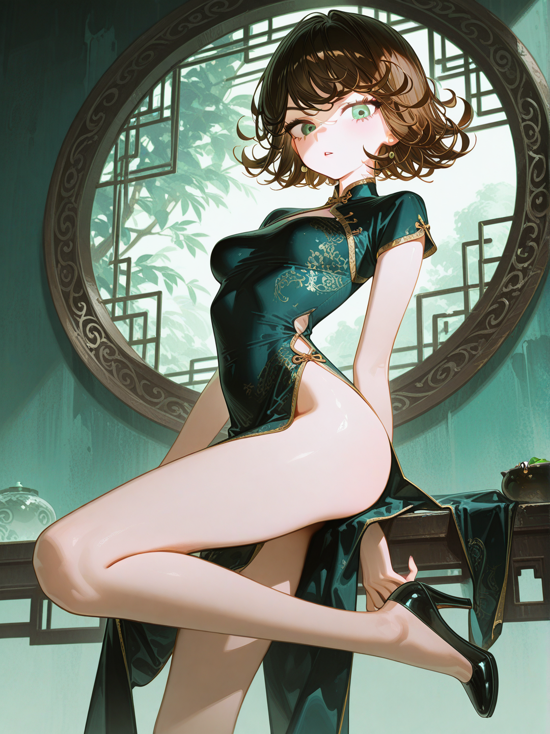 1girl,Tatsumaki,usa uma roupa de vestido chinês, [high-gloss-illustration-style], brown hair, blue eyes, olive skin, studs, ruffles