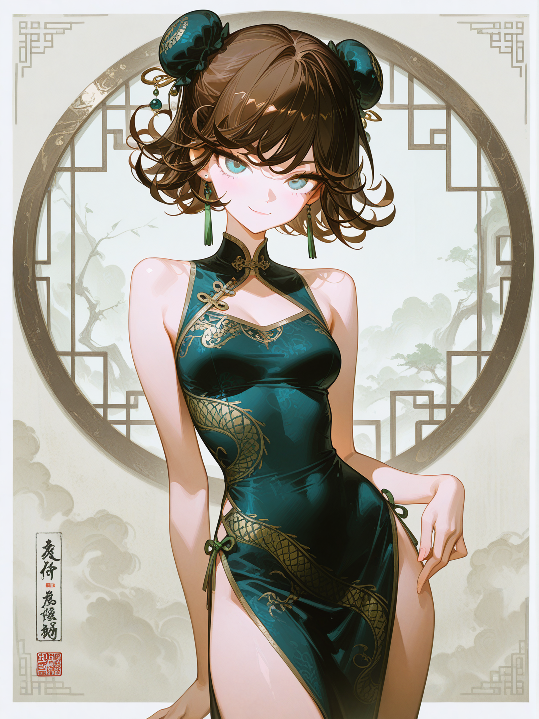 1girl,Tatsumaki,usa uma roupa de vestido chinês, [high-gloss-illustration-style], brown hair, blue eyes, olive skin, studs, ruffles