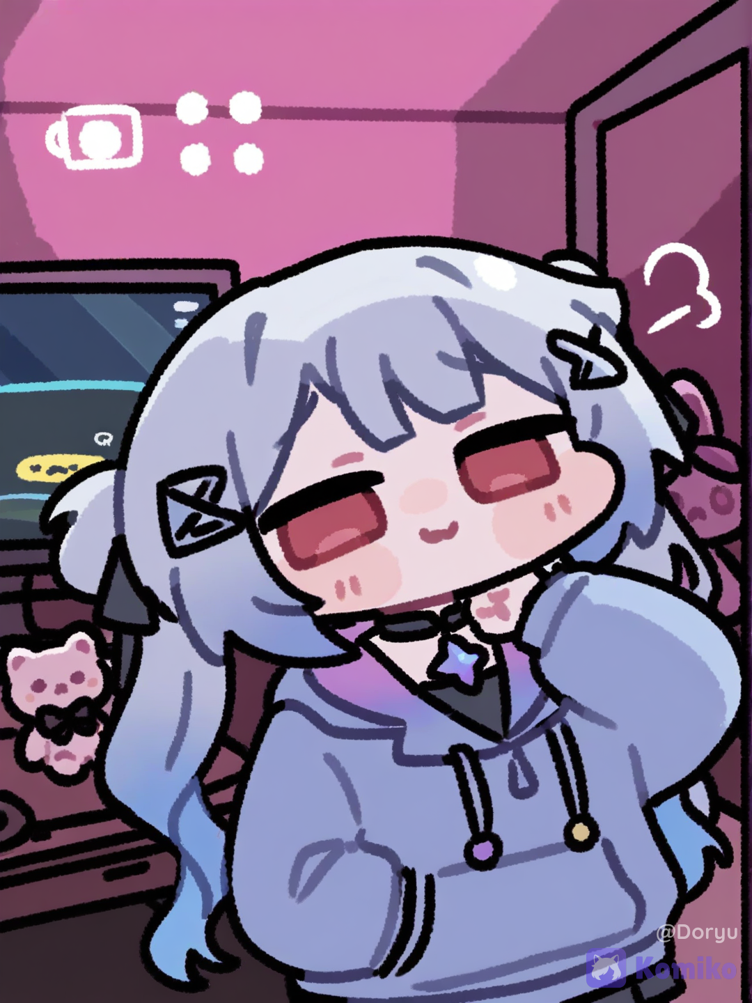 1girl, 18+, young adult, long wavy silver-blue hair fading into a soft pink-purple gradient at the lower lengths, two small side ponytails near the crown, a black ribbon bow on one side, small silver X-shaped hair clips scattered near the bangs, bright red eyes half closed in a quiet unguarded moment, gentle unposed smile, one hand raised to rub the back of her own neck, oversized pale lavender-blue hooded jacket with a faint iridescent holographic sheen, unzipped and worn loosely, a black choker with a small glowing crystal module pulsing softly, leaning back deeply into her gaming chair, head tilted back against the headrest, shoulders relaxed and slack, a small quiet exhale caught mid-breath as though she just let out a long sigh, eyes drifting toward the ceiling rather than forward, completely unaware of being watched, gaze not directed at the viewer or the camera at all, a cozy personal streaming room, a compact desk with a boom-arm microphone swung slightly to one side, two small monitors softly glowing with a chat overlay and a document window, soft ambient LED strip lighting along the walls cycling faint purple and pink hues, a plush stuffed animal and a half-finished cup of tea resting on the desk, warm dim room lighting mixing with the cool LED glow, slightly messy in a lived-in way rather than a polished studio, medium view from slightly off to the side as though the camera has simply been left recording, sense of a private candid moment caught by accident, semi-realistic anime style, highly[blocky-faced-chibi-style]