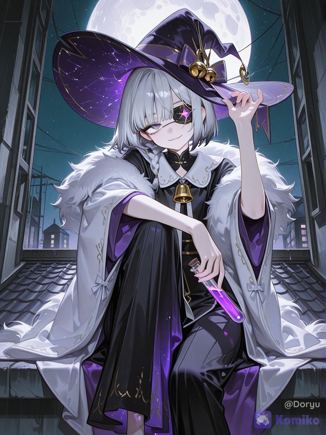 @mirei-YBrw, OC, 1girl, young adult, soft pale skin, short silver-white hair dominant 70 percent, deep wine red underlayers 30 percent, asymmetrical short wolf-cut bob, fluffy volume at crown, long side bangs sweeping across face, small thin braid one side, visible eye muted reddish amber with a sly glint, black matte eyepatch left eye, dark purple witch hat slightly tilted, gold bell on hat tip chiming softly, wide sleeves slightly too long, sitting casually on the edge of a rooftop, one leg dangling off the edge, other knee drawn up, elbow resting on it, holding a small glass vial of glowing pale violet liquid up toward the moonlight, examining it with a smirking half smile, corner of mouth curled up, not fully smiling, mischievous confident expression, mature and unbothered, looking at the vial rather than at viewer, sleeve slipping down toward her elbow from the raised arm, hair and hat ribbon gently lifted by night wind, sitting above a small sleeping town, rooftops and dim window lights below, full moon directly behind her casting a cool silver rim light along her hair and shoulder, deep indigo night sky, scattered stars, faint magical dust drifting off the vial catching the moonlight, quiet mischievous atmosphere, slightly low angle looking up past the rooftop edge, semi-realistic anime style, highly clean rendering, highly[high-gloss-illustration-style]
