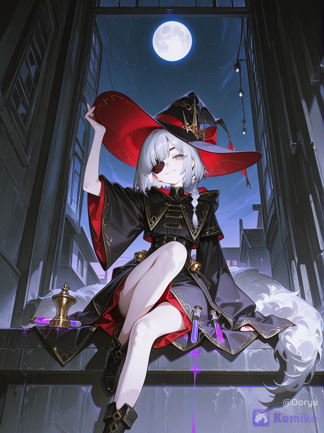 @mirei-YBrw, OC, 1girl, young adult, soft pale skin, short silver-white hair dominant 70 percent, deep wine red underlayers 30 percent, asymmetrical short wolf-cut bob, fluffy volume at crown, long side bangs sweeping across face, small thin braid one side, visible eye muted reddish amber with a sly glint, black matte eyepatch left eye, dark purple witch hat slightly tilted, gold bell on hat tip chiming softly, wide sleeves slightly too long, sitting casually on the edge of a rooftop, one leg dangling off the edge, other knee drawn up, elbow resting on it, holding a small glass vial of glowing pale violet liquid up toward the moonlight, examining it with a smirking half smile, corner of mouth curled up, not fully smiling, mischievous confident expression, mature and unbothered, looking at the vial rather than at viewer, sleeve slipping down toward her elbow from the raised arm, hair and hat ribbon gently lifted by night wind, sitting above a small sleeping town, rooftops and dim window lights below, full moon directly behind her casting a cool silver rim light along her hair and shoulder, deep indigo night sky, scattered stars, faint magical dust drifting off the vial catching the moonlight, quiet mischievous atmosphere, slightly low angle looking up past the rooftop edge, semi-realistic anime style, highly clean rendering, highly[high-gloss-illustration-style]
