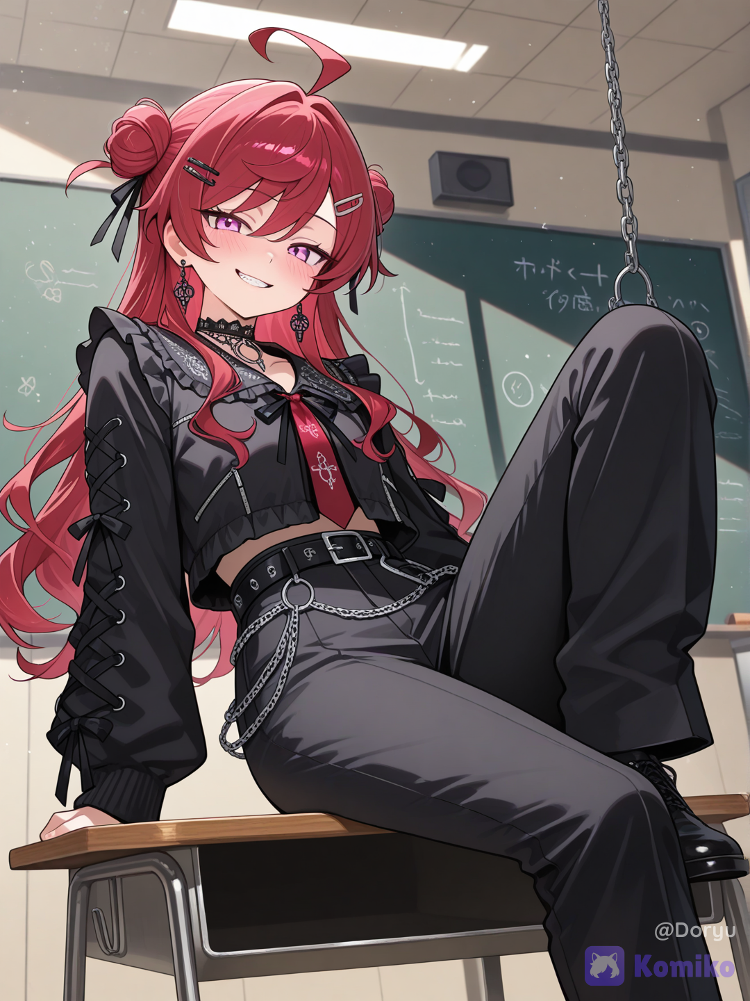 @aka-TIt7, 1girl, 18+, young adult, long wavy crimson red hair, small messy top bun with a loose ahoge strand, black ribbon tied in hair, a few loose strands clipped near the face, sharp pink eyes, confident smirk showing teeth, faint blush across the cheeks, dangling drop earrings, black choker with a small buckle detail, sheer black lace collar underneath, cropped black jacket with a ruffled shoulder detail, red necktie-style ribbon at the chest, high-waisted black trousers with a double belt and hanging chain detail, gothic punk streetwear aesthetic, sitting casually on top of the lecture hall's front desk instead of a chair, one leg swinging loosely off the edge, other foot planted on a chair seat below, leaning back on both hands with shoulders relaxed, chest slightly forward, head tilted with a bold confident angle, chain at the belt swinging slightly mid motion, jacket ruffled shoulder catching the light as if she just dropped down onto the desk a second ago, textbook and notes tossed carelessly open beside her, one page fluttering, empty tiered lecture hall stretching out below and behind her, rows of empty seats fading into soft shadow, tall windows letting in late afternoon light that cuts across the room in long warm beams, dust particles visible in the light, chalkboard faintly visible in the blurred background, low wide angle from slightly below her looking up, capturing her as the sole commanding presence in the empty space, dynamic confident framing, semi-realistic anime style, highly