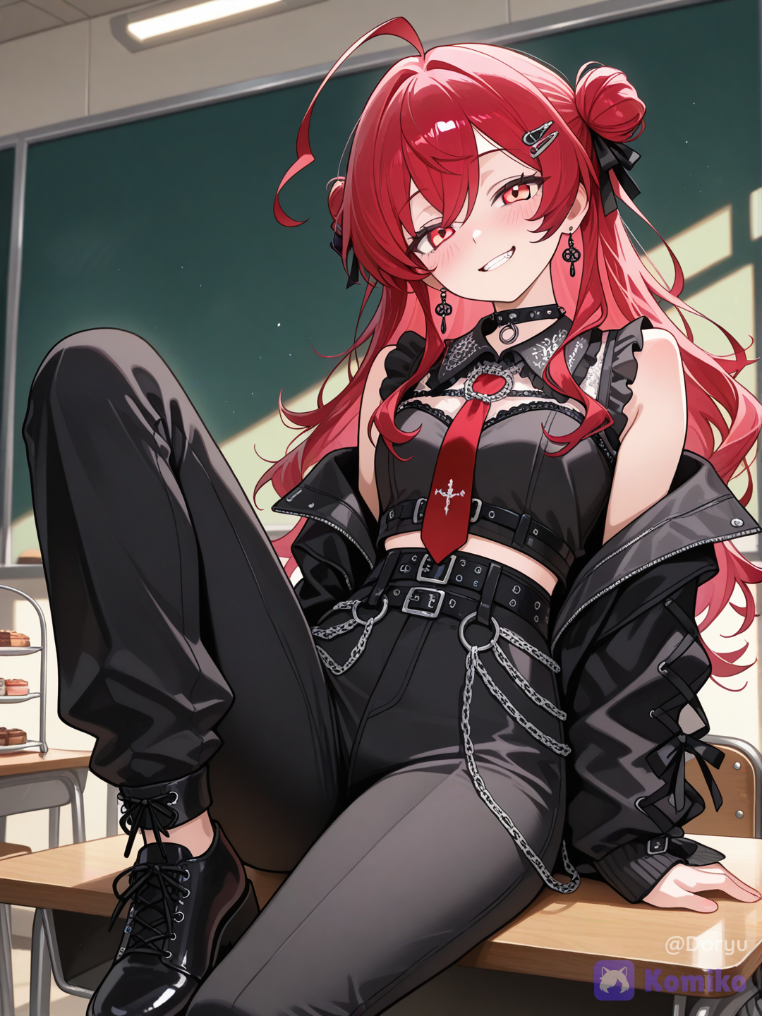 @aka-TIt7, 1girl, 18+, young adult, long wavy crimson red hair, small messy top bun with a loose ahoge strand, black ribbon tied in hair, a few loose strands clipped near the face, sharp pink eyes, confident smirk showing teeth, faint blush across the cheeks, dangling drop earrings, black choker with a small buckle detail, sheer black lace collar underneath, cropped black jacket with a ruffled shoulder detail, red necktie-style ribbon at the chest, high-waisted black trousers with a double belt and hanging chain detail, gothic punk streetwear aesthetic, sitting casually on top of the lecture hall's front desk instead of a chair, one leg swinging loosely off the edge, other foot planted on a chair seat below, leaning back on both hands with shoulders relaxed, chest slightly forward, head tilted with a bold confident angle, chain at the belt swinging slightly mid motion, jacket ruffled shoulder catching the light as if she just dropped down onto the desk a second ago, textbook and notes tossed carelessly open beside her, one page fluttering, empty tiered lecture hall stretching out below and behind her, rows of empty seats fading into soft shadow, tall windows letting in late afternoon light that cuts across the room in long warm beams, dust particles visible in the light, chalkboard faintly visible in the blurred background, low wide angle from slightly below her looking up, capturing her as the sole commanding presence in the empty space, dynamic confident framing, semi-realistic anime style, highly
