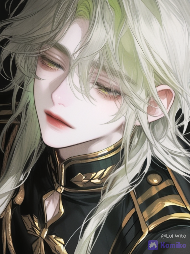[semi-realistic-portrait-style], 1boy, upper body, very long, straight and voluminous hair, predominantly light green. There are golden streaks mixed in with the hair, particularly near the inner sides and the lower inner section. The hair covers part of the right side of the face. Light emerald-green eyes, narrow and half-closed. Light green eyebrows. An expression of elegant apathy. Fair skin. Clothing resembling a ceremonial or fantastical military uniform, predominantly dark green in colour. Gold detailing around the collar and front fastening. Small gold buttons.