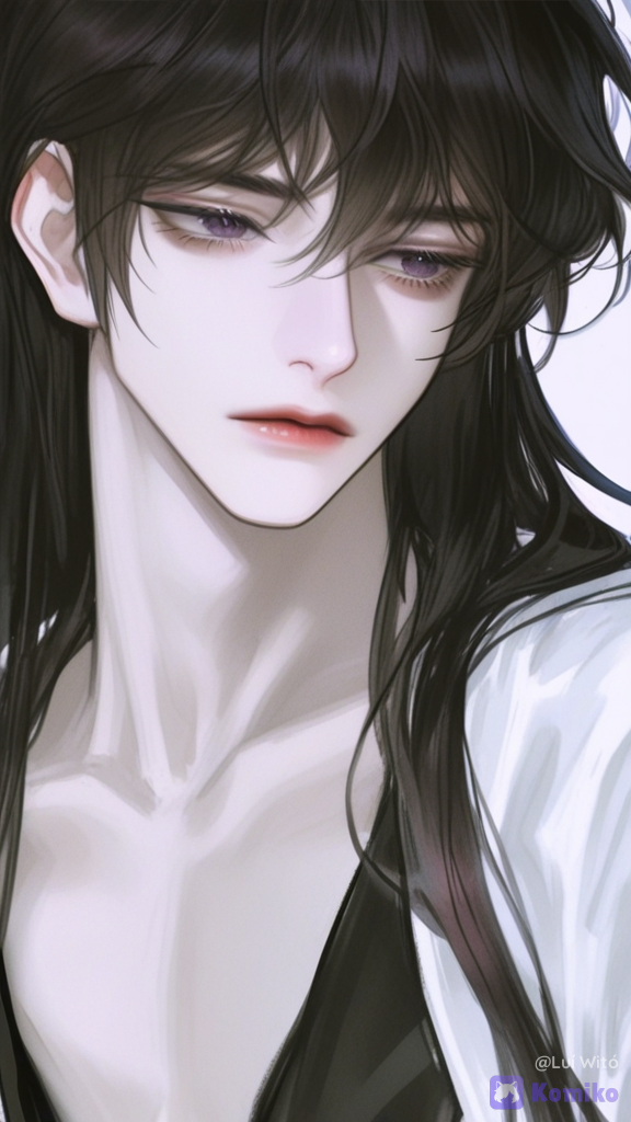 [semi-realistic-portrait-style], 1boy, male character, pale skin, slender/thin build, black hair, straight hair, medium-length hair, reddish-violet eyes, expressionless, elegant, minimalist, and composed dark clothing, neutral setting, full body.