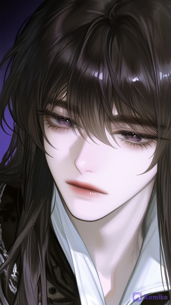 [semi-realistic-portrait-style], 1boy, male character, pale skin, slender/thin build, black hair, straight hair, shoulder-length hair, reddish-violet eyes, expressionless, elegant dark clothing, neutral setting, front profile photo.