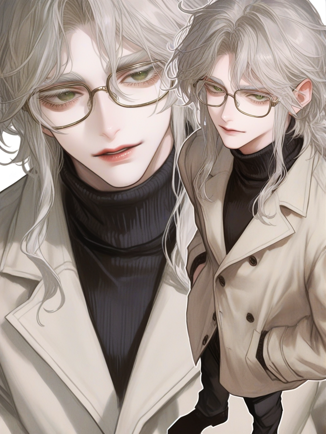[semi-realistic-portrait-style]1boy, mature, athletic build, tall, short wavy white hair, white eyebrows, white eyelashes, green eyes, calm expression, glasses, fair skin, beige overcoat, white turtleneck, black dress pants, straight posture, hands in pockets, single character, full body, looking at viewer, anime style, simple background, white background