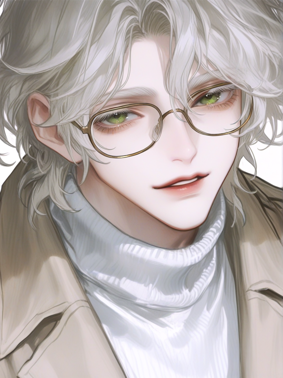 [semi-realistic-portrait-style]1boy, mature, athletic, tall, white hair, short hair, wavy hair, white eyebrows, white eyelashes, green eyes, calm expression, glasses, fair skin, beige overcoat, white turtleneck, single character, full body, looking at viewer, anime style, simple background, white background