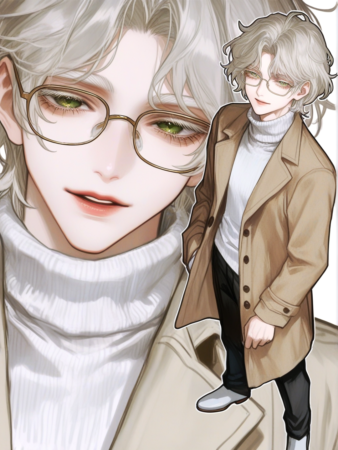 [semi-realistic-portrait-style]1boy, mature, athletic, tall, white hair, short hair, wavy hair, white eyebrows, white eyelashes, green eyes, calm expression, glasses, fair skin, beige overcoat, white turtleneck, single character, full body, looking at viewer, anime style, simple background, white background