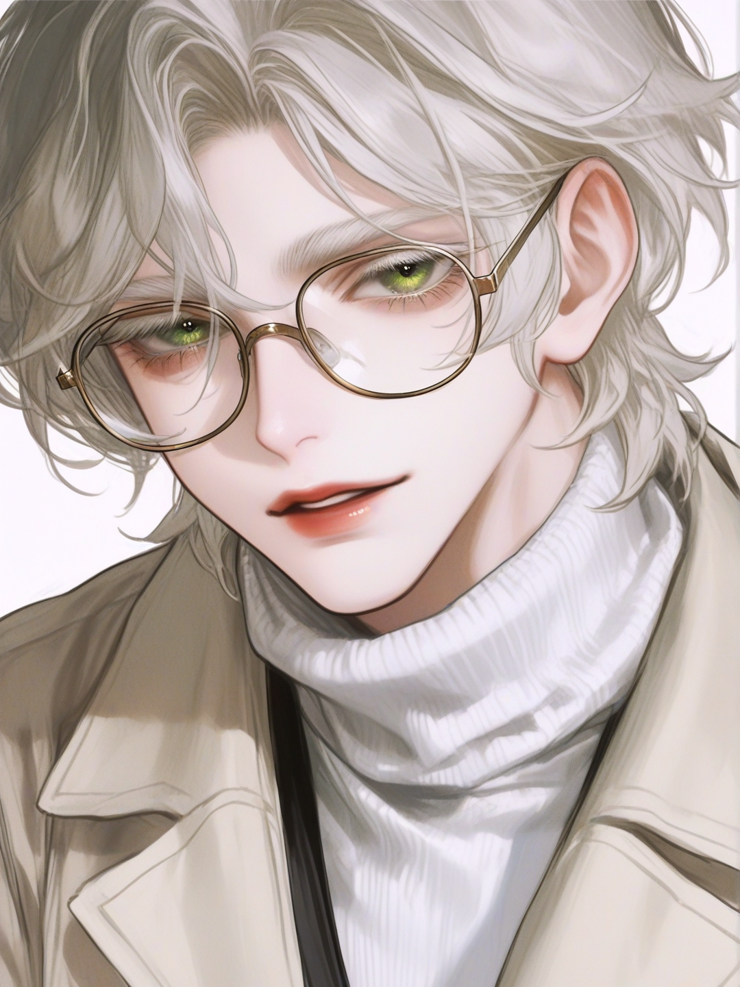 [semi-realistic-portrait-style]1boy, mature, athletic, tall, white hair, short hair, wavy hair, white eyebrows, white eyelashes, green eyes, calm expression, glasses, fair skin, beige overcoat, white turtleneck, single character, full body, looking at viewer, anime style, simple background, white background