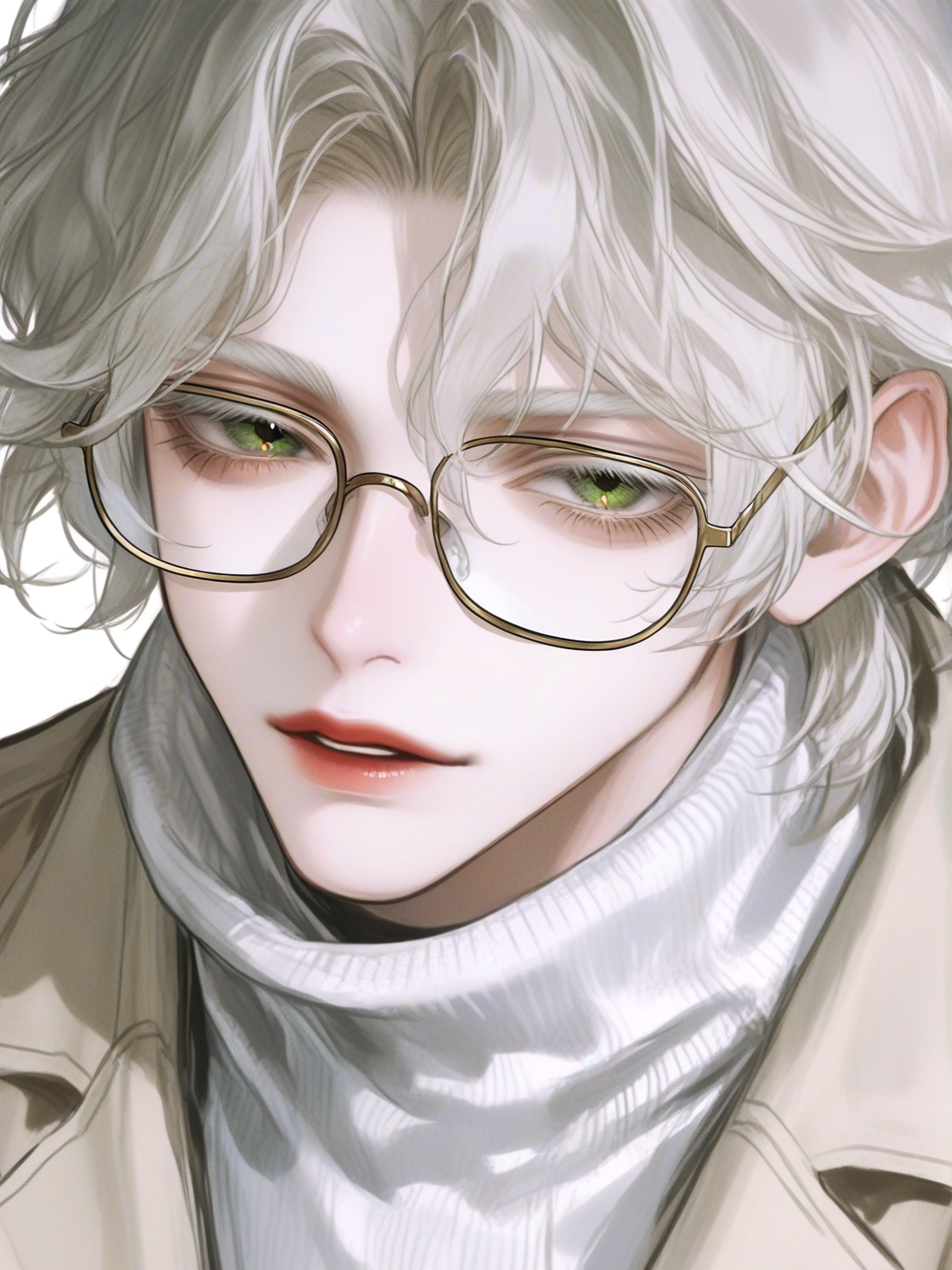 [semi-realistic-portrait-style]1boy, mature, athletic, tall, white hair, short hair, wavy hair, white eyebrows, white eyelashes, green eyes, calm expression, glasses, fair skin, beige overcoat, white turtleneck, single character, full body, looking at viewer, anime style, simple background, white background