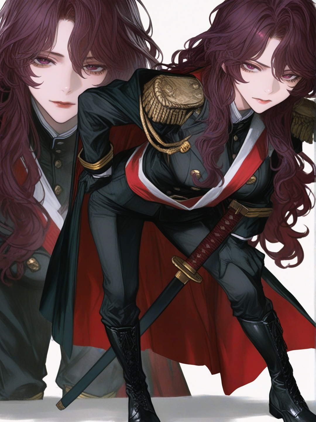 [semi-realistic-portrait-style]1girl, mature, tall, long black wavy hair, hair over shoulders, reddish-violet eyes, serious expression, calculating gaze, confident expression, black military coat, deep red accents, asymmetrical coat, fastened high collar, sword ornament, overlapping flap, red buttons, red diagonal sash, metal epaulettes, hanging chains, pointed ornaments, burgundy lining, long heavy red cape, tight black trousers, black high-top laced boots, black gloves, upright body, relaxed pose, torso leaning forward, asymmetrical shoulders, arm bent in front of waist, other arm raised, open hand, left leg forward, cinematic lighting, coat, face, single character, full body, looking at viewer, anime style, simple background, white background