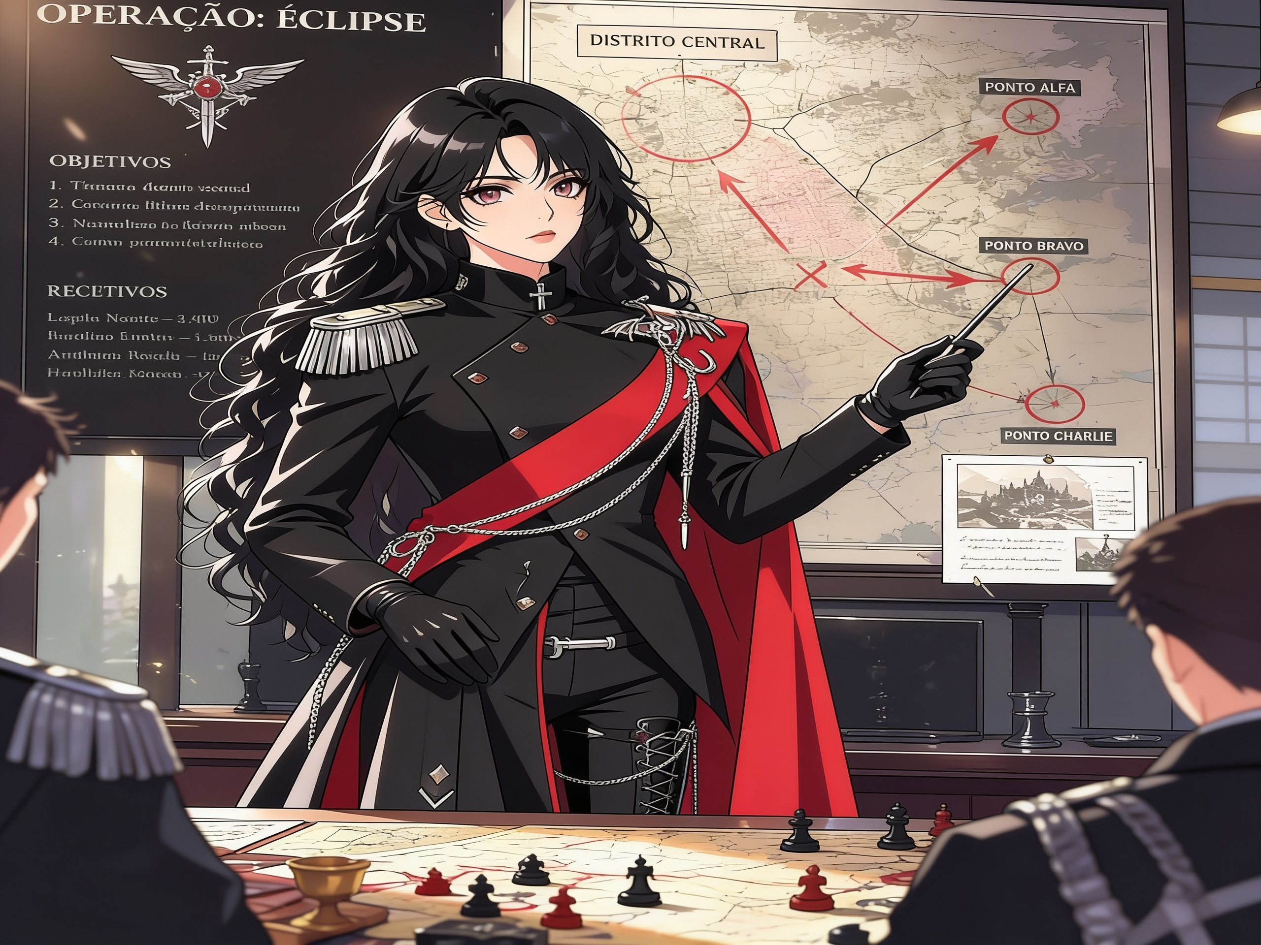 A female character stands in the centre of a war room bathed in soft light. She has long hair, black hair, wavy hair falling over her shoulders; reddish-violet eyes with a serious, calculating gaze.
She wears a long, asymmetrical military coat, predominantly black, with details in deep red. The structured high collar is fastened right up to the neck and features a small metallic ornament in the shape of a sword. The front features a diagonally overlapping flap decorated with red buttons. A wide red diagonal sash crosses her torso from her right shoulder to her left waist. On her right shoulder are metal epaulettes with hanging chains and pointed ornaments. The inside and back are lined in burgundy red. An integrated red cape at the back, long and heavy, reaches down to her feet.
Underneath, tight-fitting black trousers, black high-top laced boots, and black gloves.
Body upright yet relaxed, torso leaning slightly forwards, shoulders asymmetrical. One arm is bent in front of the waist, the other raised with an open hand as if explaining a strategic plan. Left leg slightly forward. In front of her, a table with an unfolded map and chess pieces; she wears the confident expression of someone directing the strategy. Cinematic lighting, focusing on details of the coat and facial expression., anime style