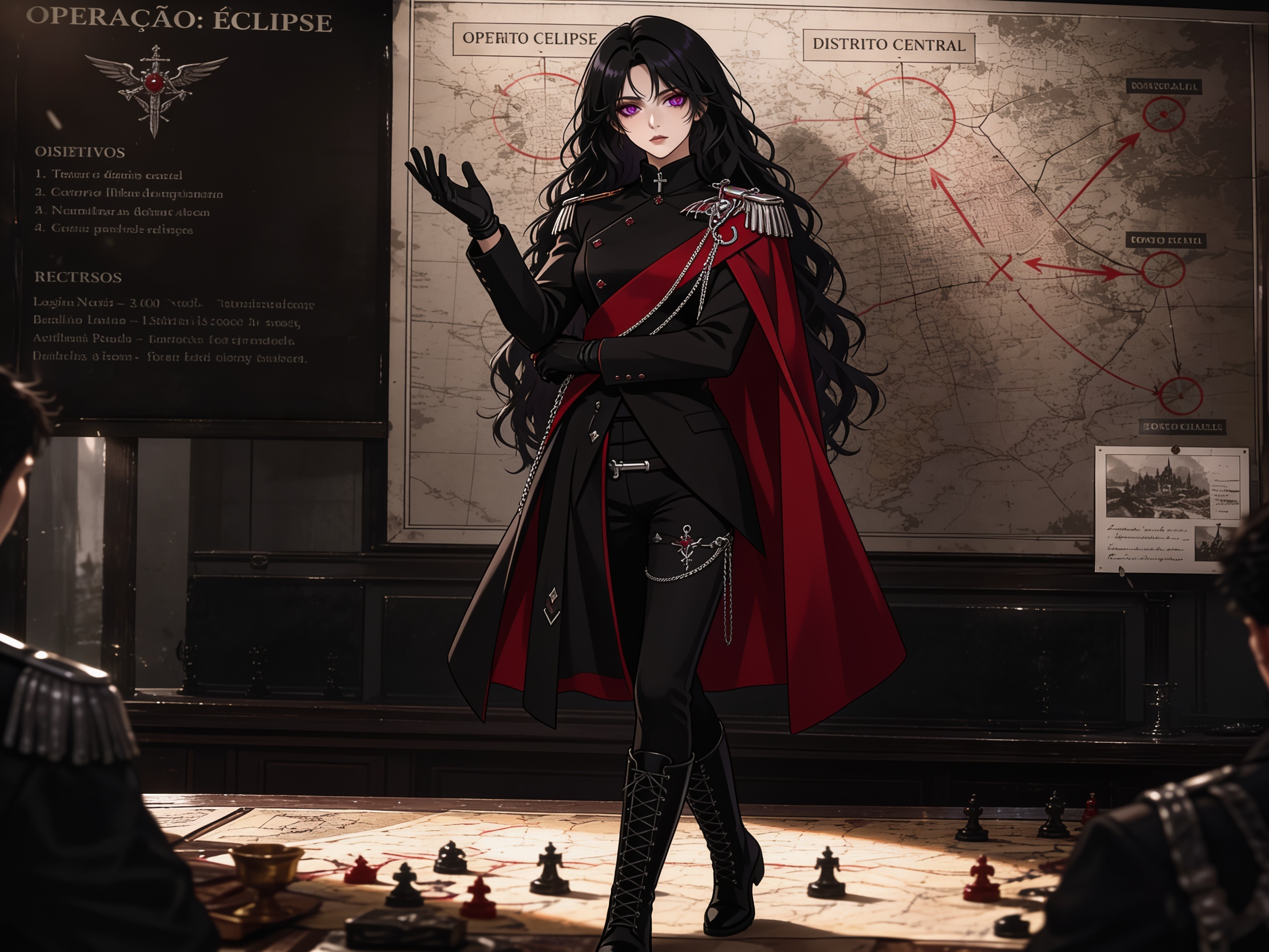 A female character stands in the centre of a war room bathed in soft light. She has long hair, black hair, wavy hair falling over her shoulders; reddish-violet eyes with a serious, calculating gaze.
She wears a long, asymmetrical military coat, predominantly black, with details in deep red. The structured high collar is fastened right up to the neck and features a small metallic ornament in the shape of a sword. The front features a diagonally overlapping flap decorated with red buttons. A wide red diagonal sash crosses her torso from her right shoulder to her left waist. On her right shoulder are metal epaulettes with hanging chains and pointed ornaments. The inside and back are lined in burgundy red. An integrated red cape at the back, long and heavy, reaches down to her feet.
Underneath, tight-fitting black trousers, black high-top laced boots, and black gloves.
Body upright yet relaxed, torso leaning slightly forwards, shoulders asymmetrical. One arm is bent in front of the waist, the other raised with an open hand as if explaining a strategic plan. Left leg slightly forward. In front of her, a table with an unfolded map and chess pieces; she wears the confident expression of someone directing the strategy. Cinematic lighting, focusing on details of the coat and facial expression., anime style