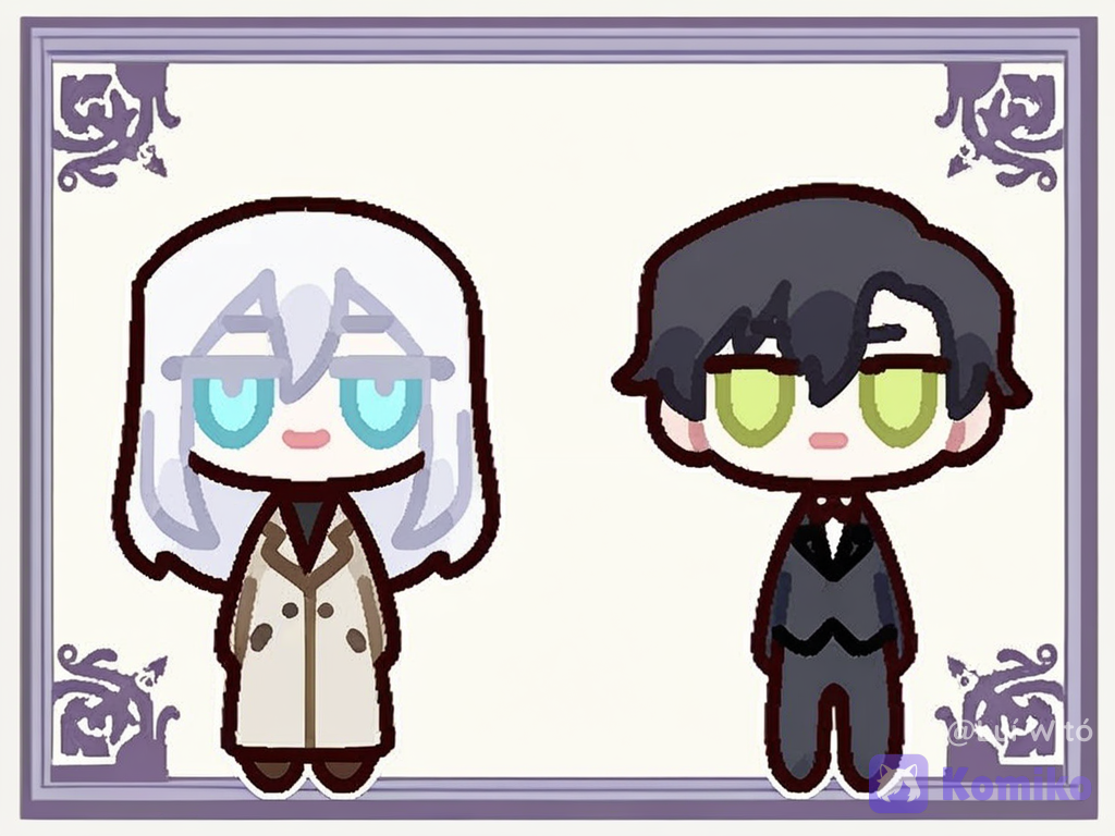 [flat-outline-chibi-style], two boys side by side, full body, white background. On the right, a male character with light skin, short, wavy white hair, white eyebrows, white eyelashes, green eyes, wearing a white turtleneck coat under a beige overcoat, and black trousers. On the left side, a male character with fair skin, long, straight black hair, reddish-violet eyes, and elegant dark clothing.