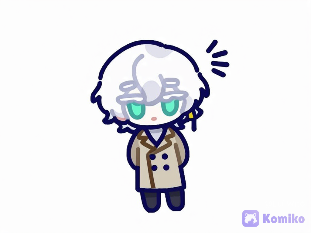 [flat-outline-chibi-style], full body, white background, a male character with light skin, short, wavy white hair, white eyebrows, white eyelashes, green eyes, wearing a white turtleneck coat under a beige overcoat, and black trousers.