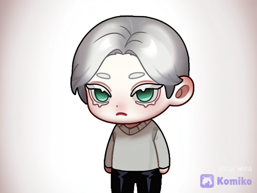[flat-outline-chibi-style], 2boys, full body, white background, two male characters side by side. Positions: 1. Right side (,@bukowski-dostoy-G7kj, ): A man with fair skin, short, wavy white hair, white eyebrows, white eyelashes, green eyes, a calm expression, wearing a white turtleneck coat under a beige overcoat, and black trousers. 2. Left side (, @fyori-m-tolstoy-cL0Z, ): A man with fair skin, long, straight black hair, violet-red eyes, a serious expression, wearing a gray turtleneck coat and black pants.