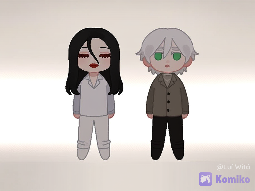 [flat-outline-chibi-style], full body, white background, two male characters side by side. Positions: 1. Right side (,@bukowski-dostoy-G7kj, ): A man with fair skin, short, wavy white hair, white eyebrows, white eyelashes, green eyes, a calm expression, wearing a white turtleneck coat under a beige overcoat, and black trousers. 2. Left side (, @fyori-m-tolstoy-cL0Z, ): A man with fair skin, long, straight black hair, violet-red eyes, a serious expression, wearing a gray turtleneck coat and black pants.