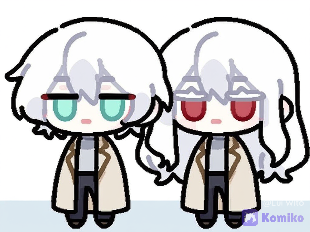[flat-outline-chibi-style], 2boys, full body, white background, two male characters side by side. Positions: 1. Right side: A man with fair skin, short, wavy white hair, white eyebrows, white eyelashes, green eyes, a calm expression, wearing a white turtleneck coat under a beige overcoat, and black trousers. 2. Left side: A man with fair skin, long, straight black hair, with straight bangs, violet-red eyes, a serious expression, wearing a gray turtleneck coat and black pants.