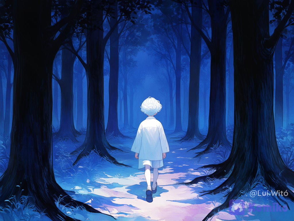 A dark forest, with huge trees casting shadows, and a little boy with short, wavy white hair, and simple clothes, with his back to the viewer, walking through the forest., medium long shot, night, depth of field, [watercolor-illustration-style]