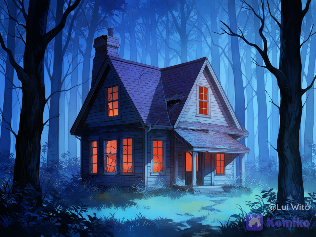 An abandoned house in a forest with broken windows, gnarled trees, medium long shot, night, depth of field, [watercolor-illustration-style]