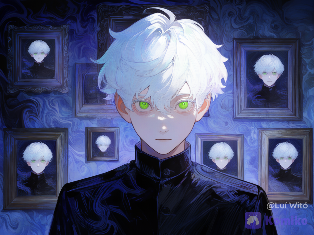 A room full of portraits in an abandoned house, all the portraits show the same boy with white hair and green eyes, except for one, which is looking directly at the viewer, medium long shot, night, depth of field, [watercolor-illustration-style]