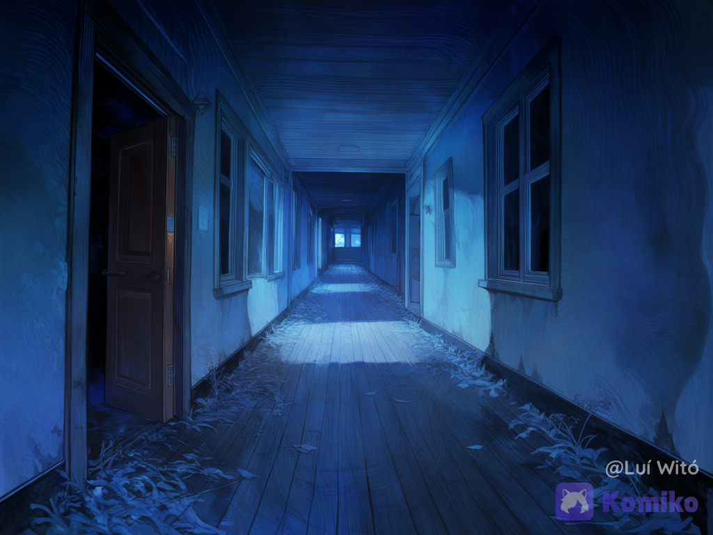 A dark, ordinary corridor in a abandoned house, ending in a half-open door, nobody in the corridor, medium long shot, night, depth of field, [watercolor-illustration-style]