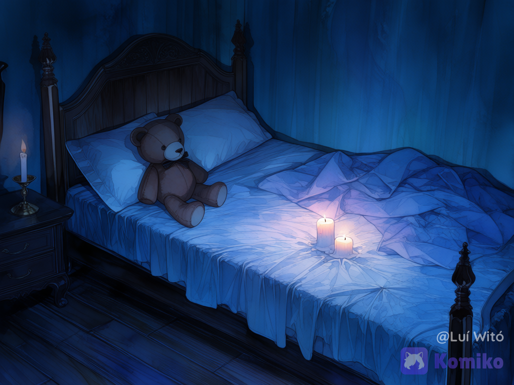 An old bedroom: a bed, unlit candles, a worn teddy bear sitting alone in a dark corner, nobody in the bedroom, medium long shot, night, depth of field, [watercolor-illustration-style]