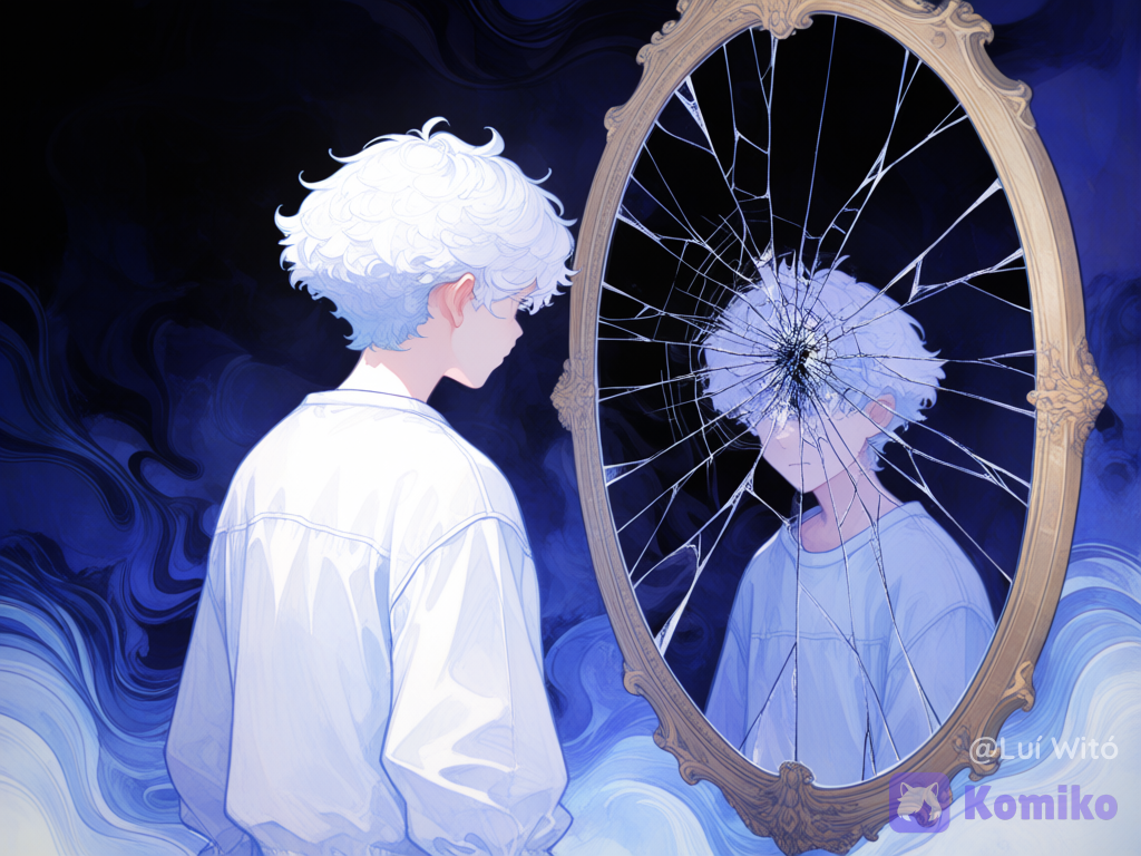 A boy with short, wavy white hair and simple clothes, with his back to the viewer, looking into a broken mirror, but the reflection is a distorted figure, medium long shot, night, depth of field, [watercolor-illustration-style]