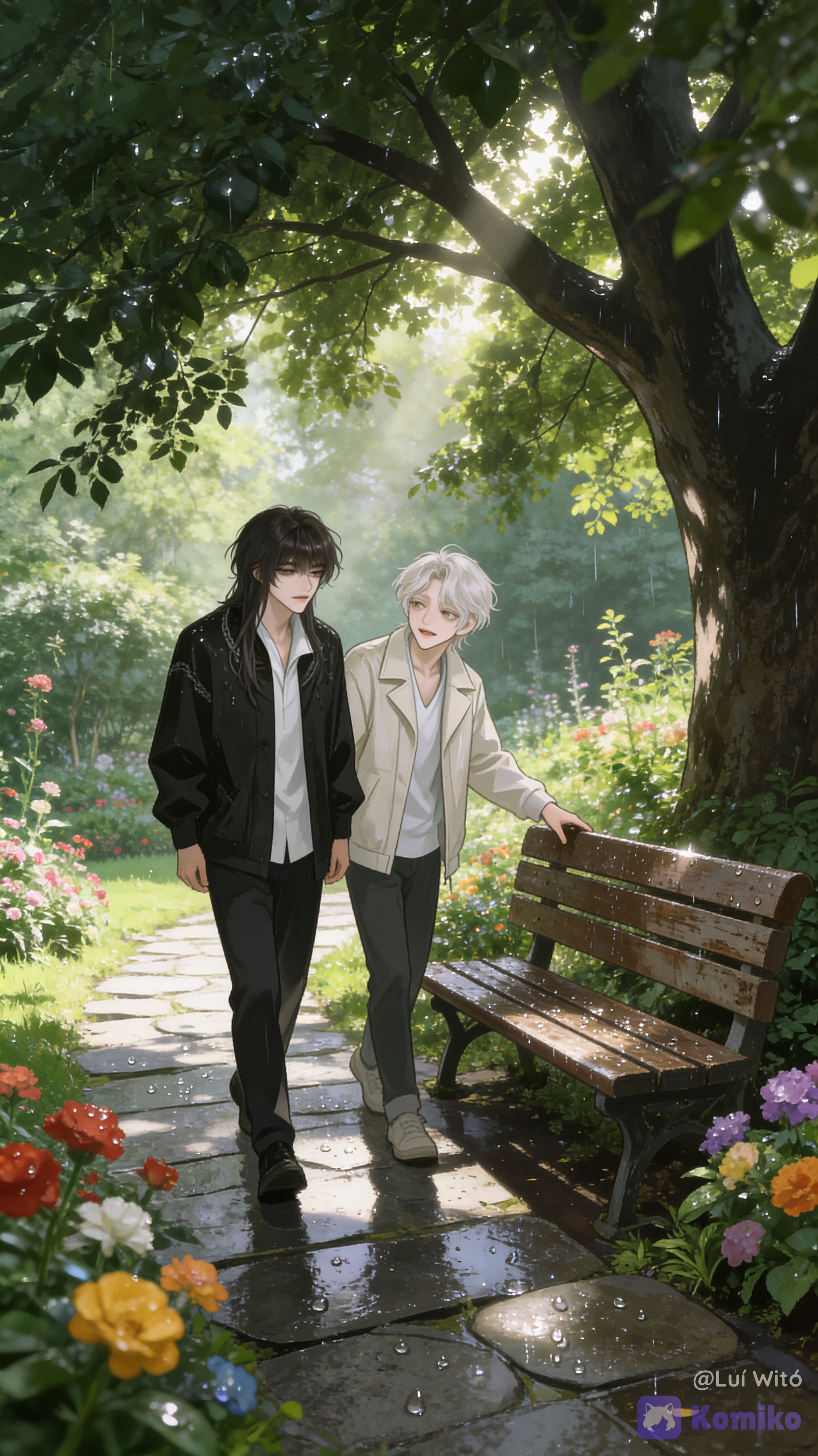 [semi-realistic-portrait-style], two characters in the scene, @bukowski-dostoy-G7kj, @fyori-m-tolstoy-cL0Z, A sun-drenched garden glistens after a rainy night, with droplets clinging to the vibrant flowers and the wet stone paths. A man with dark, slightly tousled hair walks side by side with a white-haired companion, stopping beside an old wooden bench in the shade of a large, leafy tree. He points to the bench, a gentle, playful smile on his face as he looks at the other man. His companion, with a relaxed and happy expression, looks back at him with bright, playful eyes. The morning light filters through the treetops, casting dappled shadows and illuminating the fresh, earthy atmosphere of a new beginning.