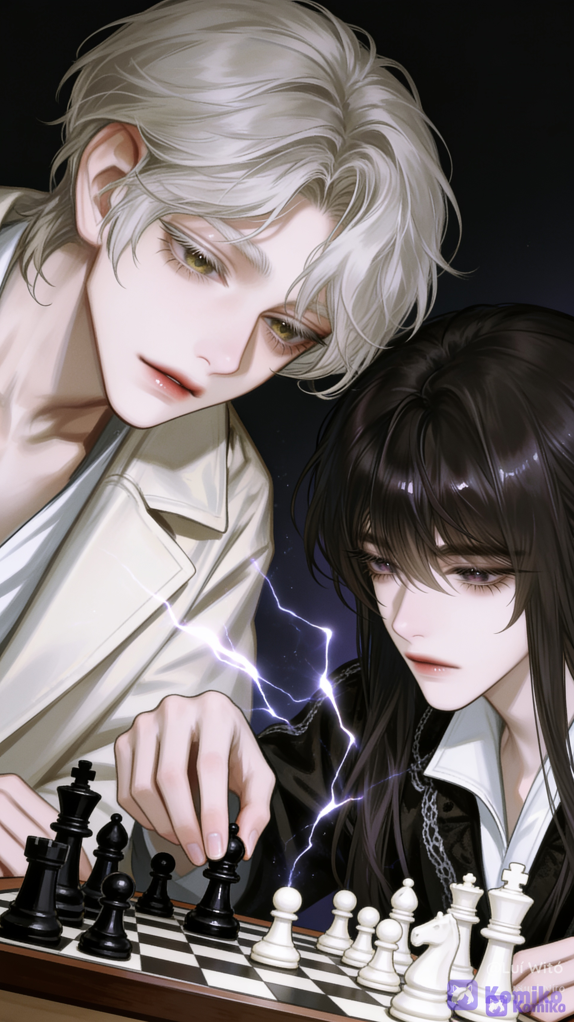 [semi-realistic-portrait-style], @fyori-m-tolstoy-cL0Z, @bukowski-dostoy-G7kj, playing chess, tension of competitiveness. The man with black hair plays with black pieces, while the man with white hair plays with white pieces.