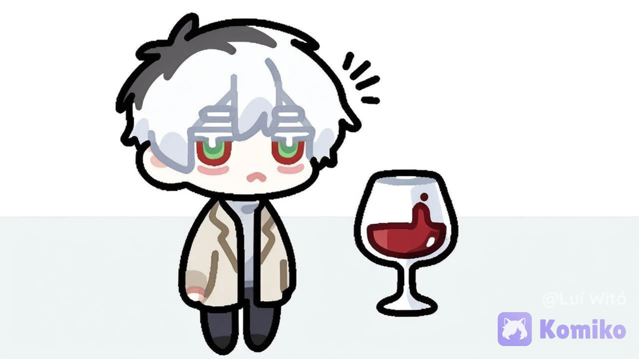 Two characters centred on a white background; they are looking directly at the viewer, with their mouths in a straight line. The white space next to each character should be large enough to accommodate some simple dialogue. The character on the right is a boy with short, white, wavy hair; he has white eyebrows and eyelashes, and green eyes; he is wearing a white roll-neck jumper under a beige overcoat, and black trousers.
The character on the left is a boy with long, straight black hair and a fringe; he has wine-red eyes; he is wearing a grey high-necked jumper and black trousers.[flat-outline-chibi-style], full body, looking at viewer