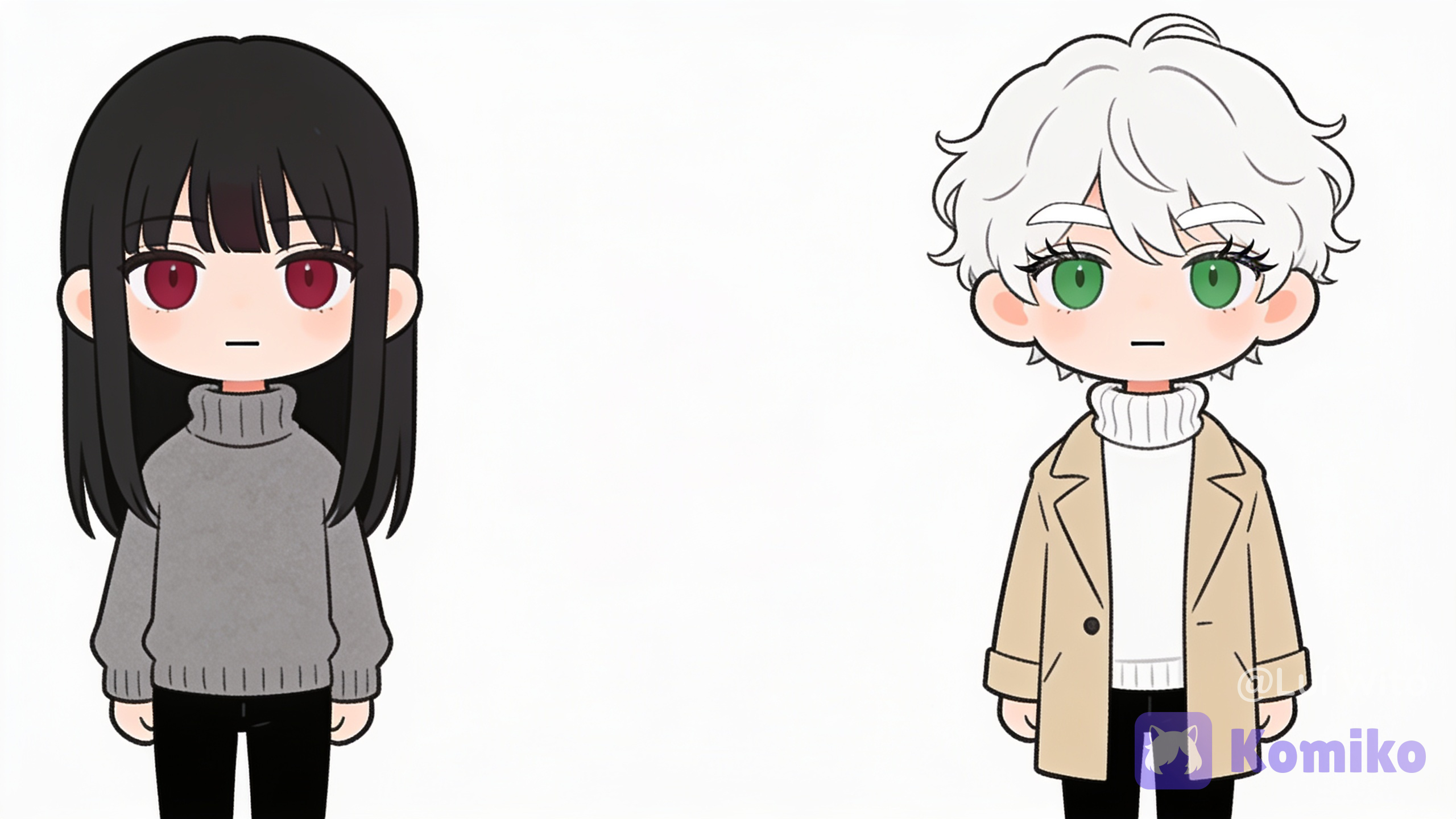 Two characters centred on a white background; they are looking directly at the viewer, with their mouths in a straight line. The white space next to each character should be large enough to accommodate some simple dialogue. The character on the right is a boy with short, white, wavy hair; he has white eyebrows and eyelashes, and green eyes; he is wearing a white roll-neck jumper under a beige overcoat, and black trousers. full body, looking at viewer, [doodle-style]. The character on the left is a boy with long, straight black hair and a fringe; he has wine-red eyes; he is wearing a grey high-necked jumper and black trousers. full body, looking at viewer, [doodle-style].